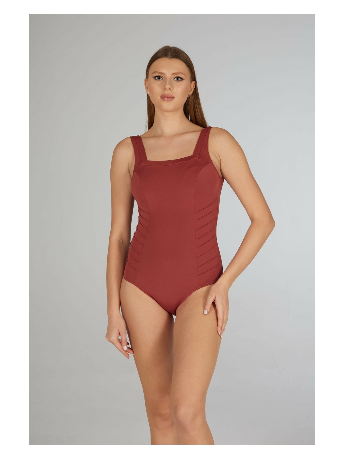 Estiva Kadın Tarçın Kare Yaka Dikişli Tek Parça Mayo