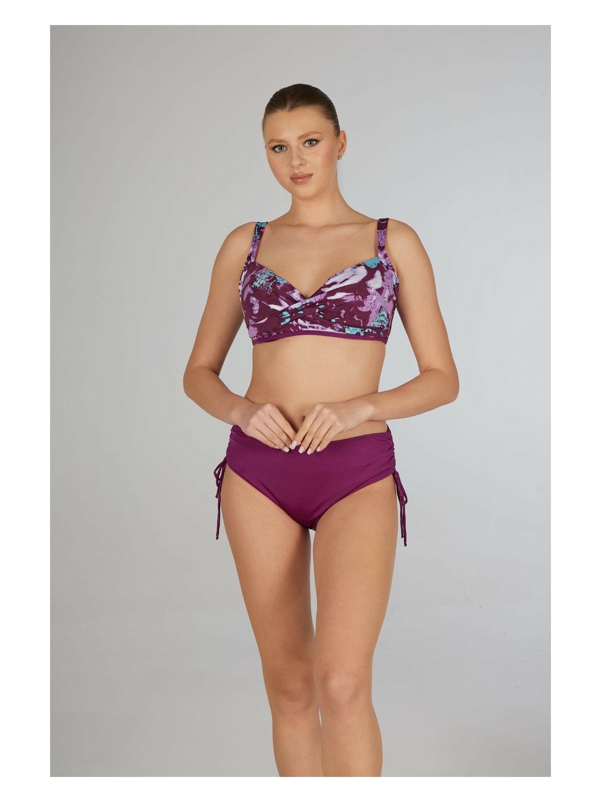 Estiva Kadın Dijital Desenli Mürdüm Emprime Kaplı Battal Beden Bikini Takımı