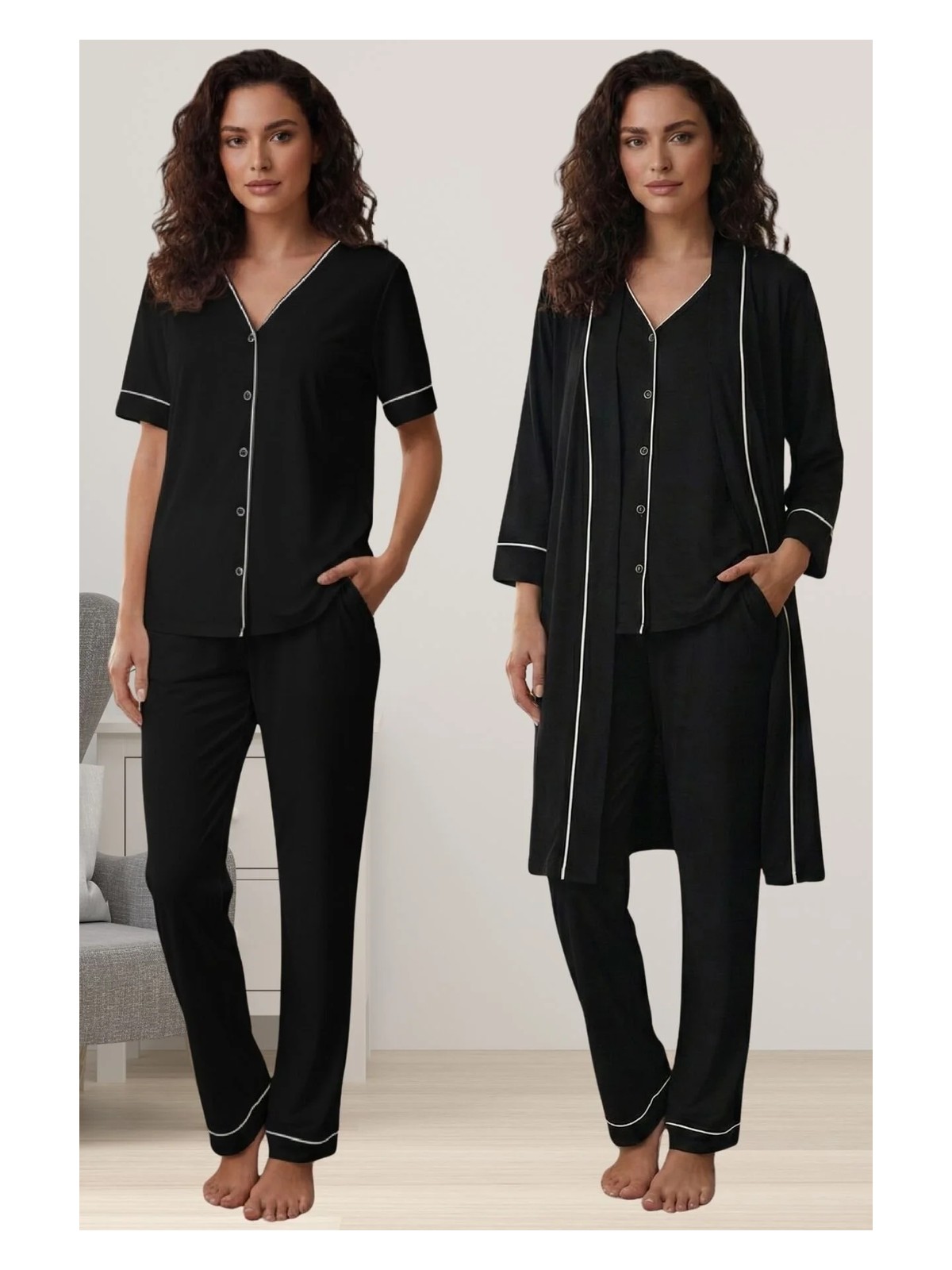 Effortt Rahat Kesim Sabahlıklı Hamile Lohusa Pijama Takımı - Siyah