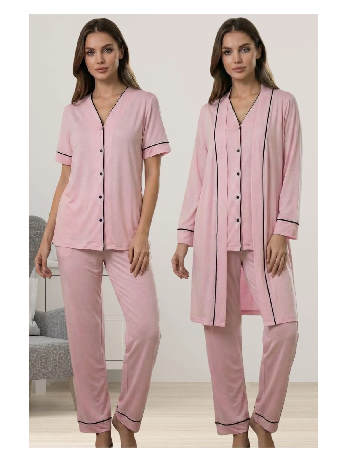 Effortt Rahat Kesim Sabahlıklı Hamile Lohusa Pijama Takımı - Siyah - Görsel 7