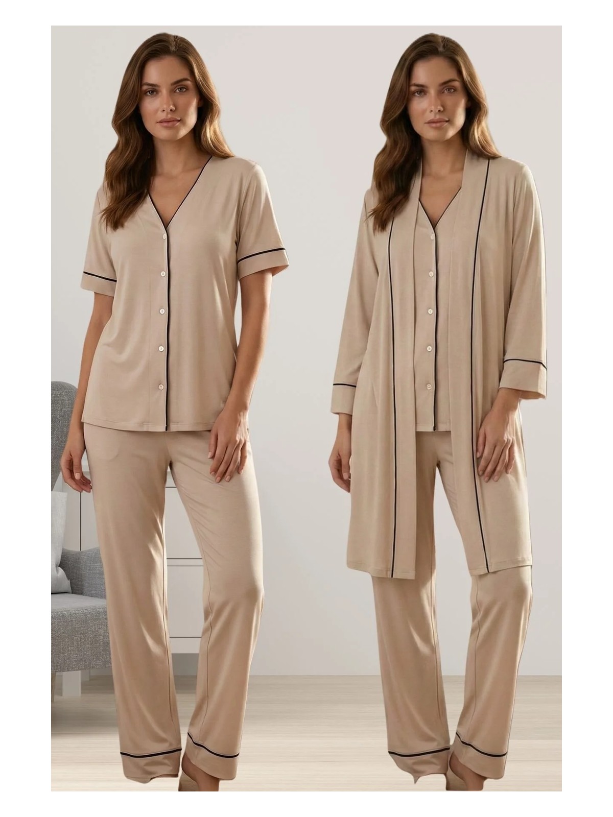 Effortt Rahat Kesim Sabahlıklı Hamile Lohusa Pijama Takımı - Siyah - Görsel 6