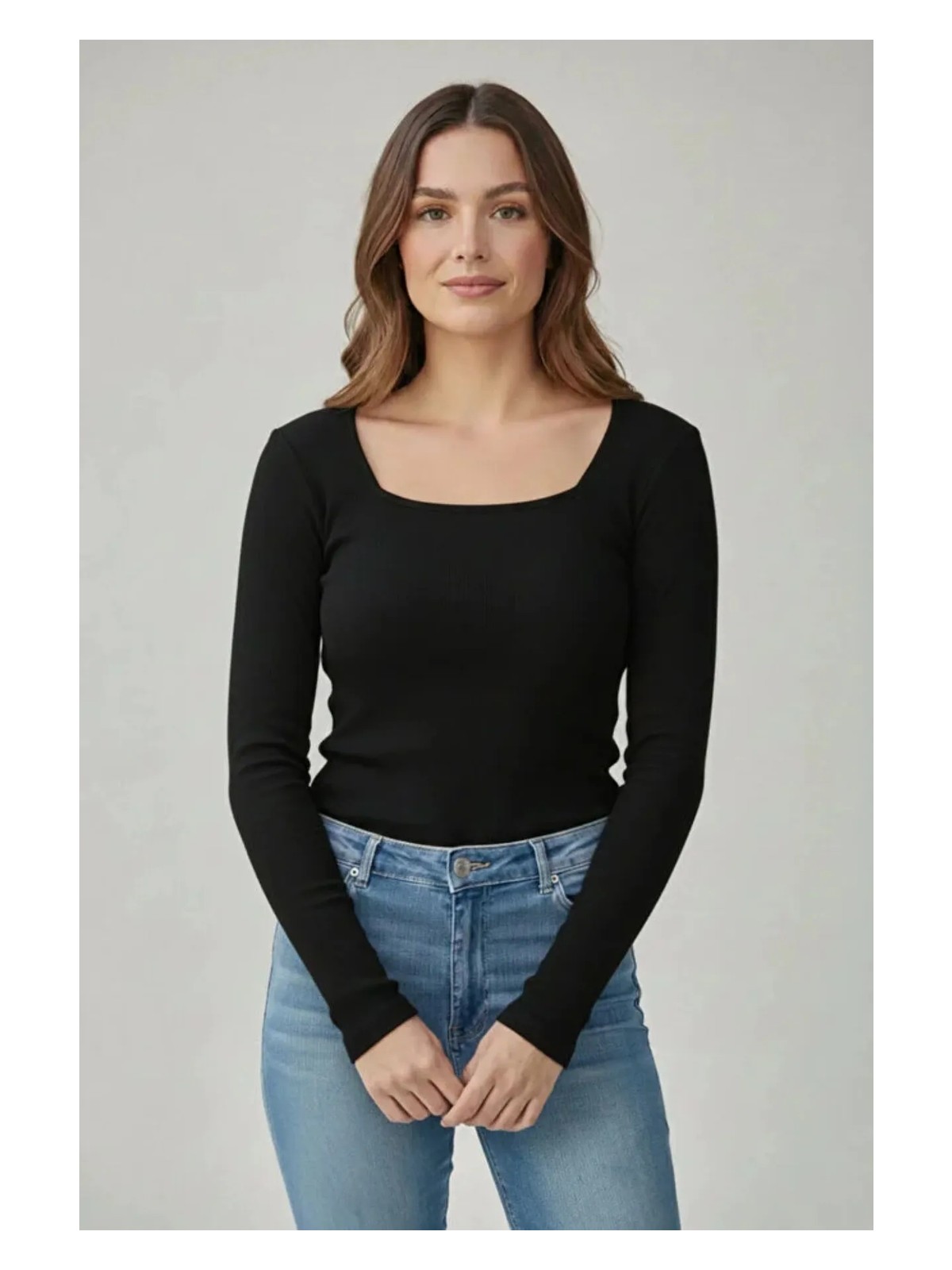 CHEISU Kadın Siyah Uzun Kollu Kare Yaka T-Shirt Bluz Kaşkorse Fitilli