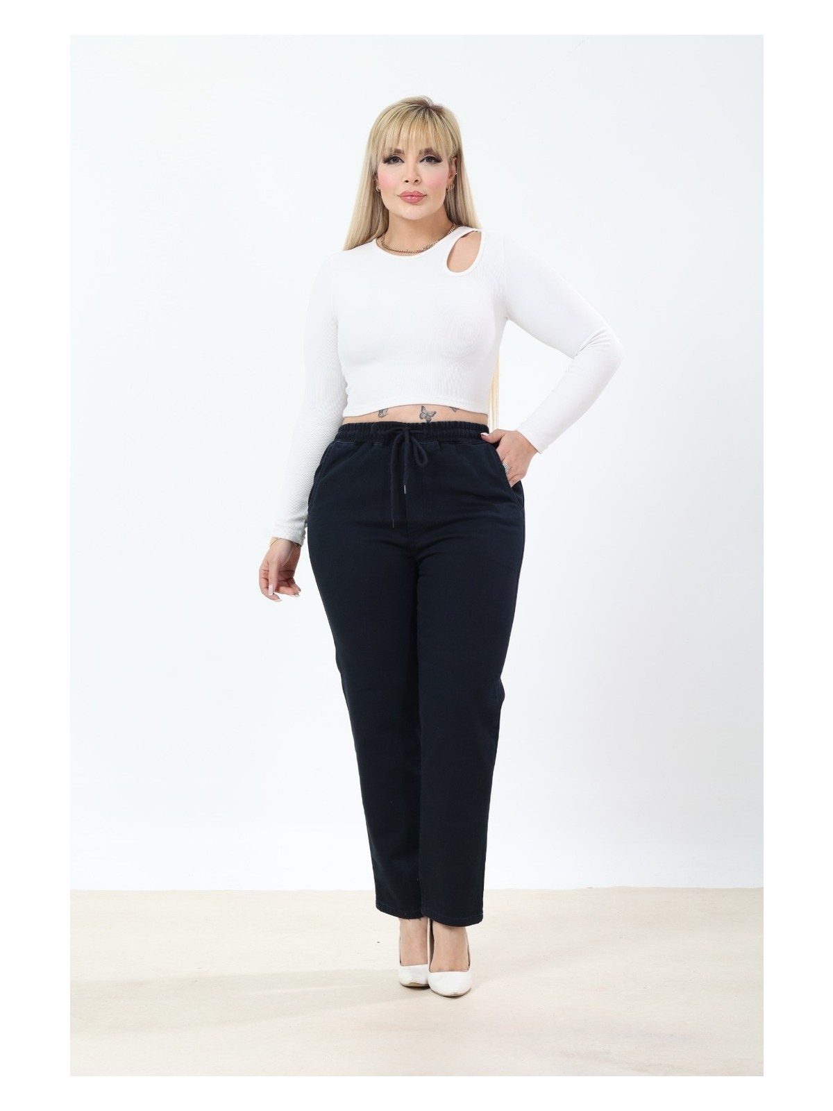 Era Lisa Büyük Beden Kadın Kot Pantolon Yüksek Bel Lastikli Rahat Kalıp Denim Kumaş