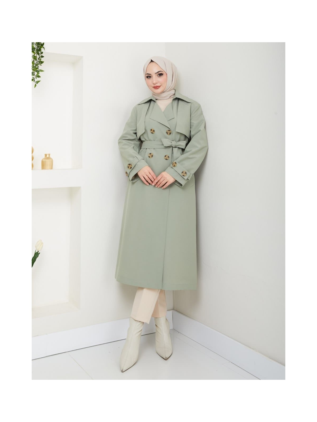 KMK Kombin Kadın Arkası Baskılı Yırtmaçlı Düğmeli Trençkot