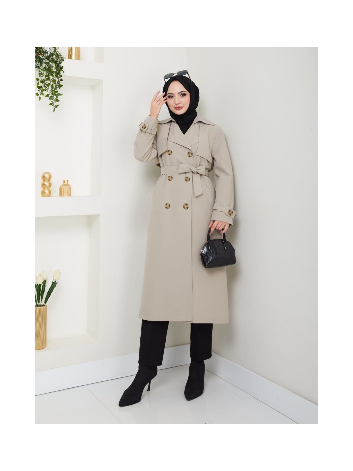 KMK Kombin Kadın Arkası Baskılı Yırtmaçlı Düğmeli Trençkot - Görsel 6