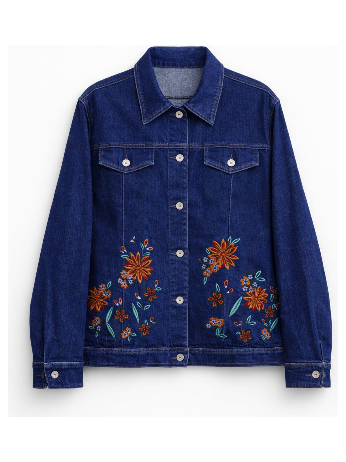 Markapia Kadın Koyu Mavi Çiçek Desenli Düğmeli Likralı Jean Ceket