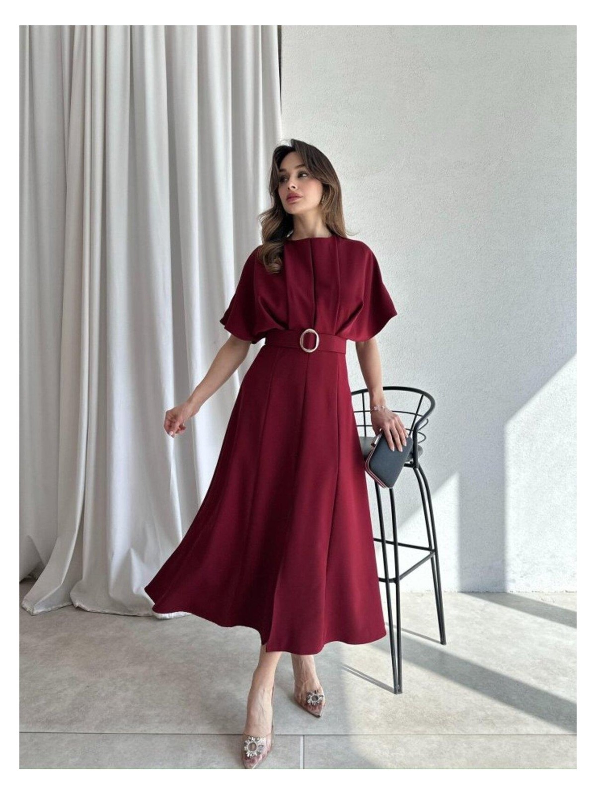 Moda Durağı Kaliteli Midi Elbise Yırtmaç Detaylı Kemerli Bordo - Görsel 2