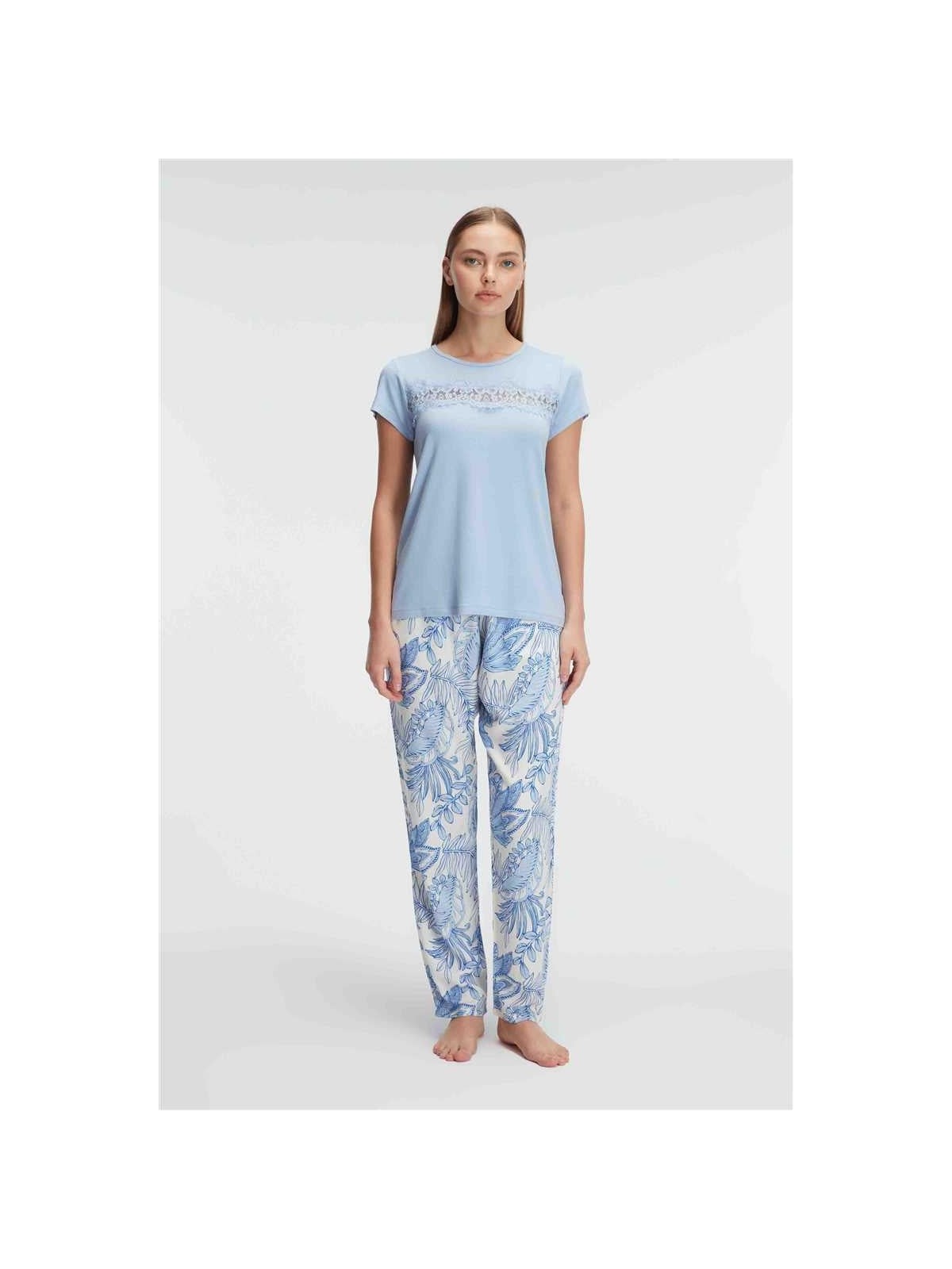 İlk El Grup Ieg™ Kısa Kol Bisiklet Yaka Kadın Viskon Çiçek Desenli Yazlık Örme Dantel Detaylı Pijama T