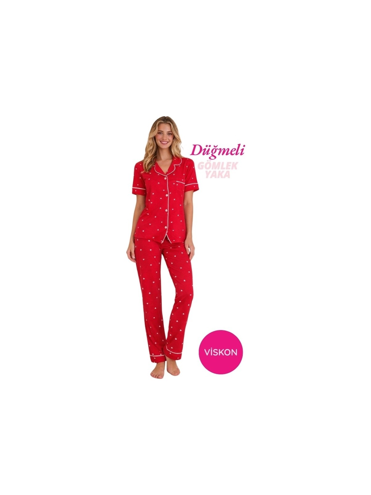 Seamlife Kadın Beyaz Kalp Desenli Önden Düğme Gömlek Yaka Saten Biyeli Göğüs Cepli Viskon Kısa Kol Pijama Takımı - Görsel 7