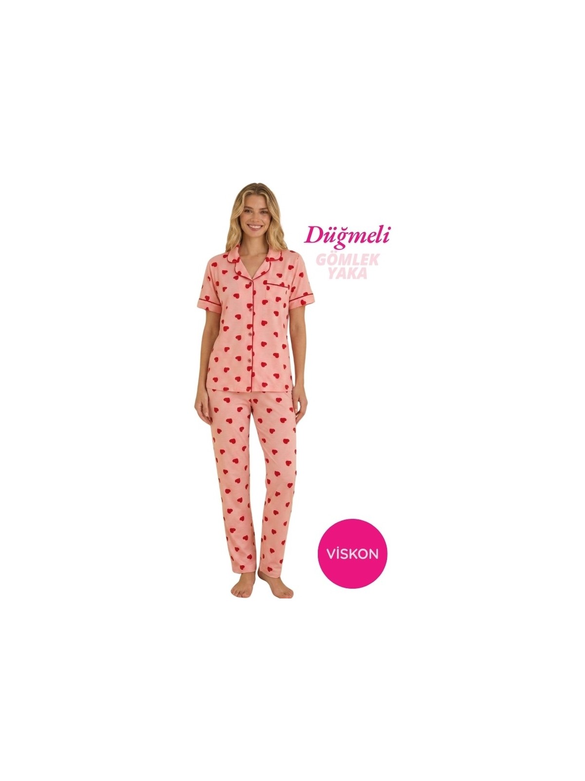 Seamlife Kadın Beyaz Kalp Desenli Önden Düğme Gömlek Yaka Saten Biyeli Göğüs Cepli Viskon Kısa Kol Pijama Takımı - Görsel 5