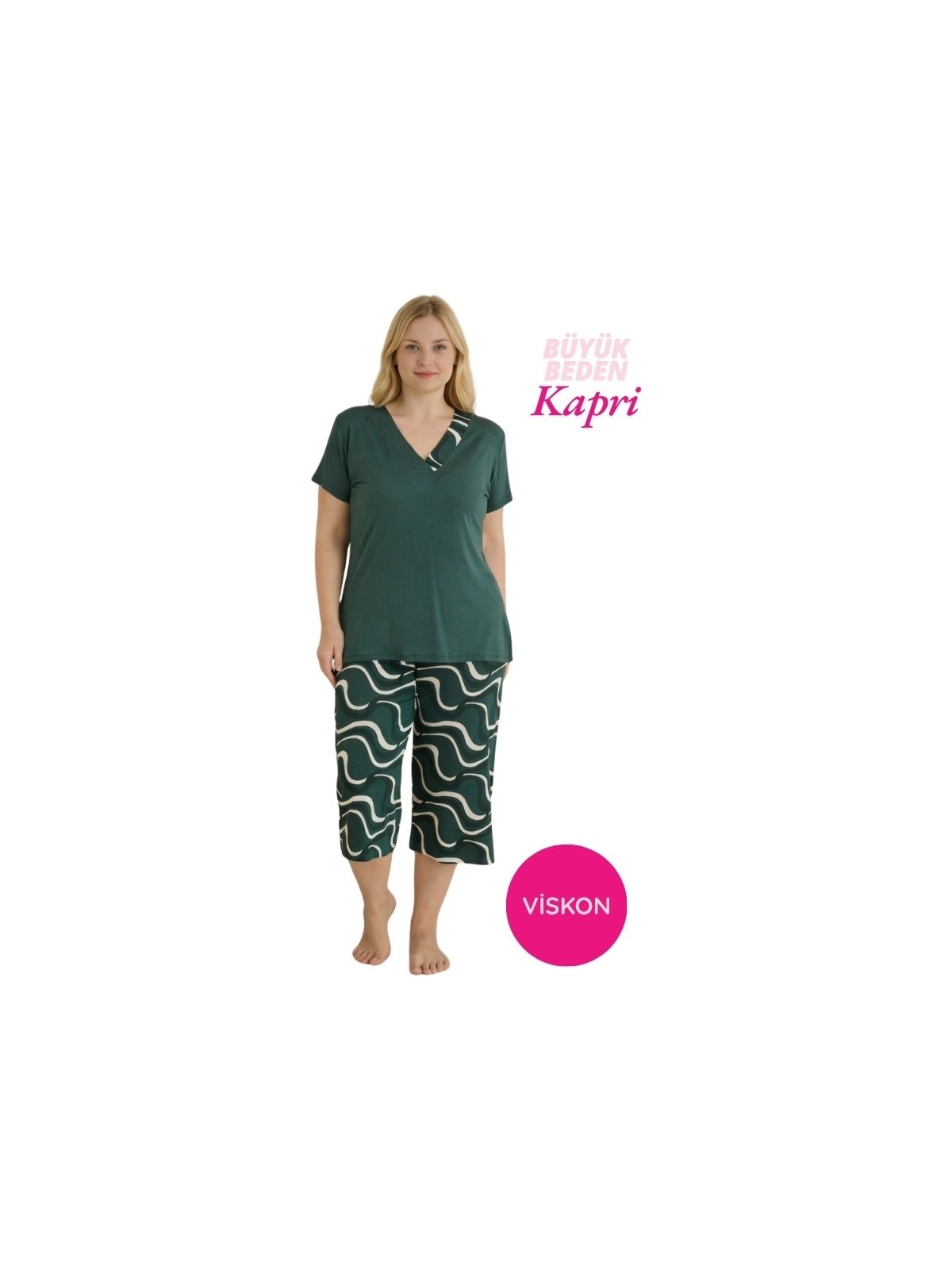 Seamlife Kadın Koyu Yeşil Büyük Beden Desenli Düğmesiz Viskon Kısa Kol Geniş Paça Kapri Pijama Takımı-Geniş Beden Aralığı Büyük Kalıp