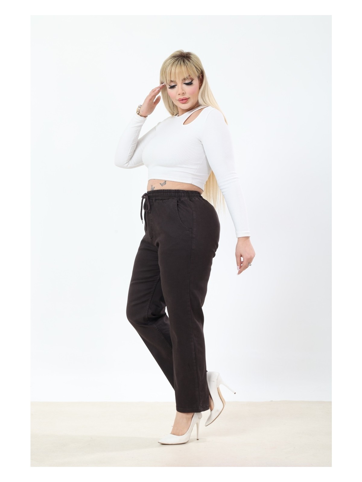 Era Lisa Beli Lastikli Rahat Kalıp Büyük Beden Kadın Kot Pantolon - Görsel 3