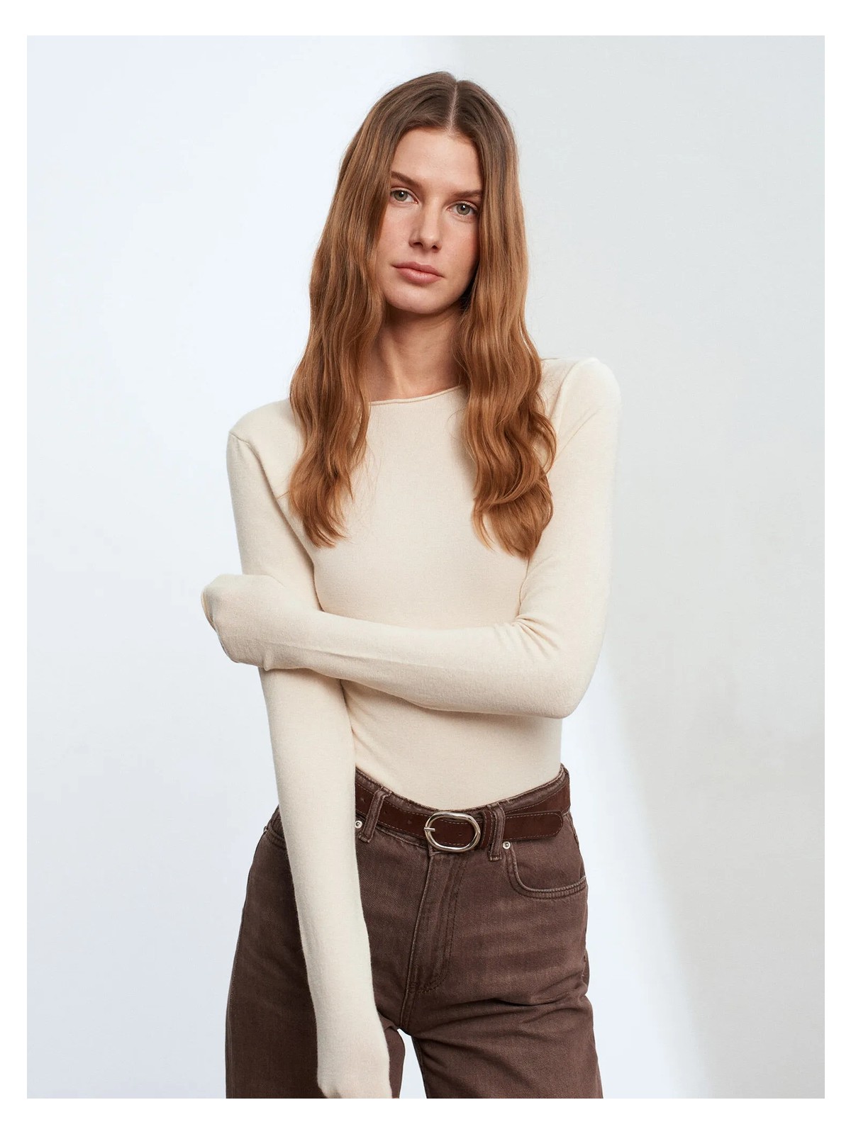 Dilvin 10840 Kayık Yaka Kaşmir Karışımlı Kazak-Ekru - Görsel 6