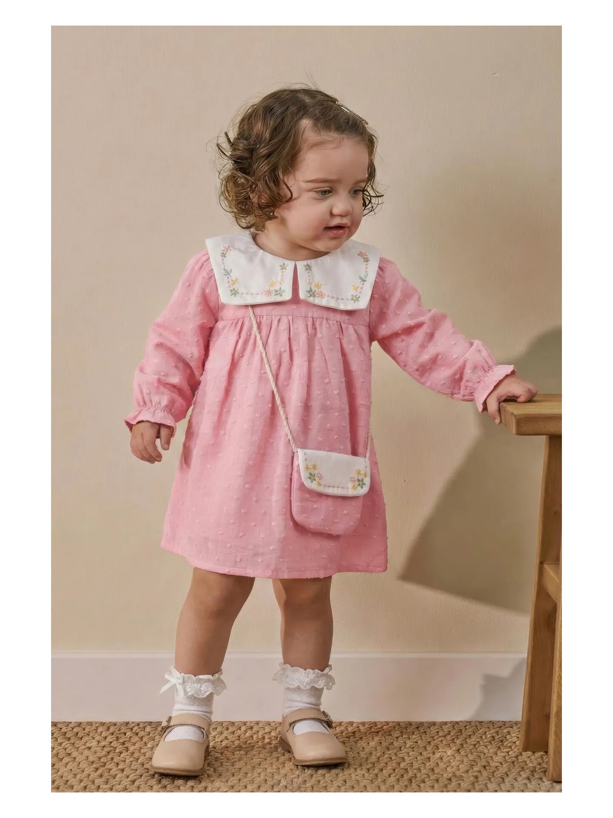 Minipodyum Kız Bebek Nakışlı Bebe Yaka Müslin %100 Pamuk Çantalı Elbise - Görsel 5