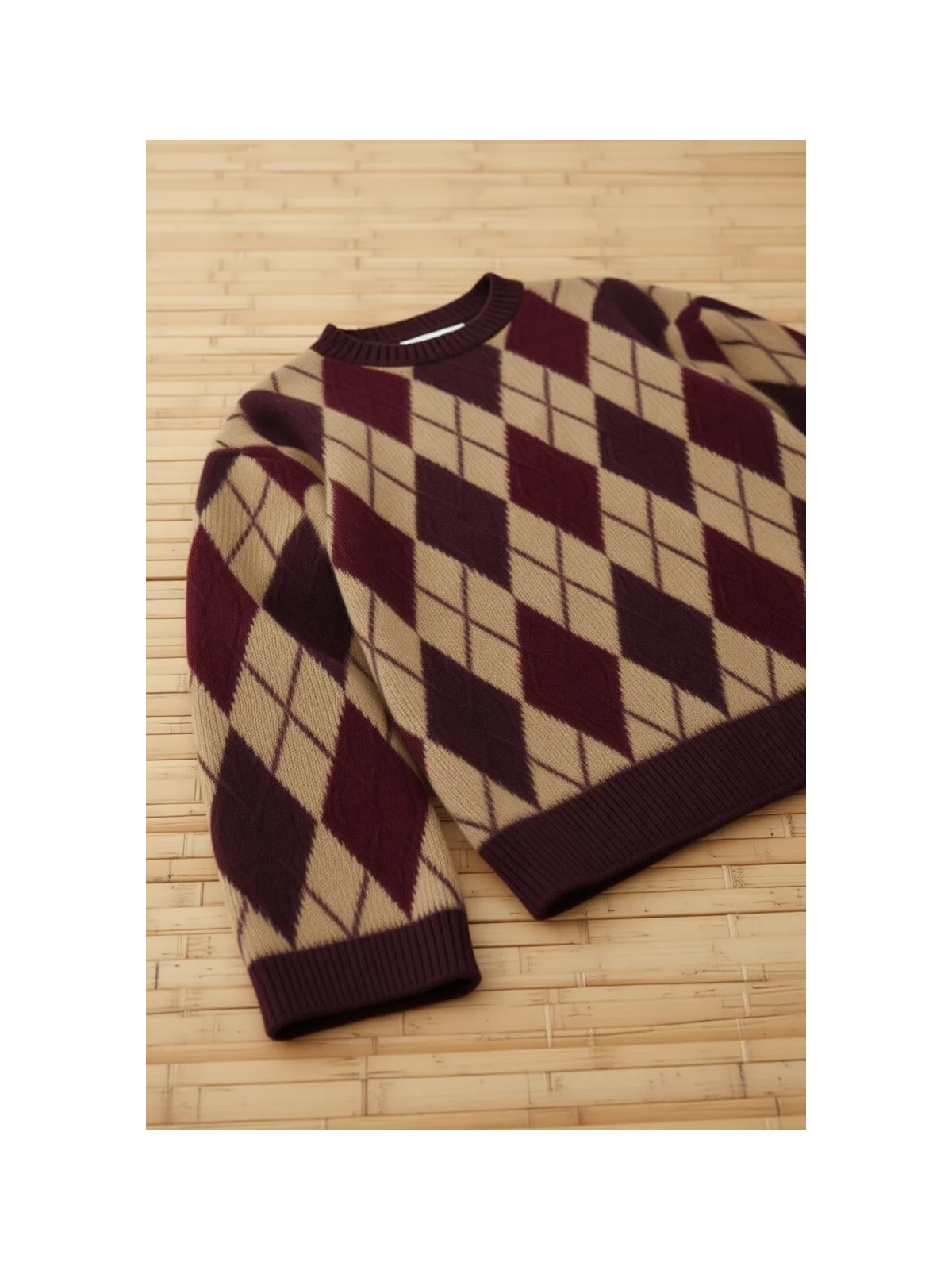 Jaste Kadın Mürdüm Oversize Triko Kazak Bisiklet Yaka Argyle Desenli Rahat Kesim