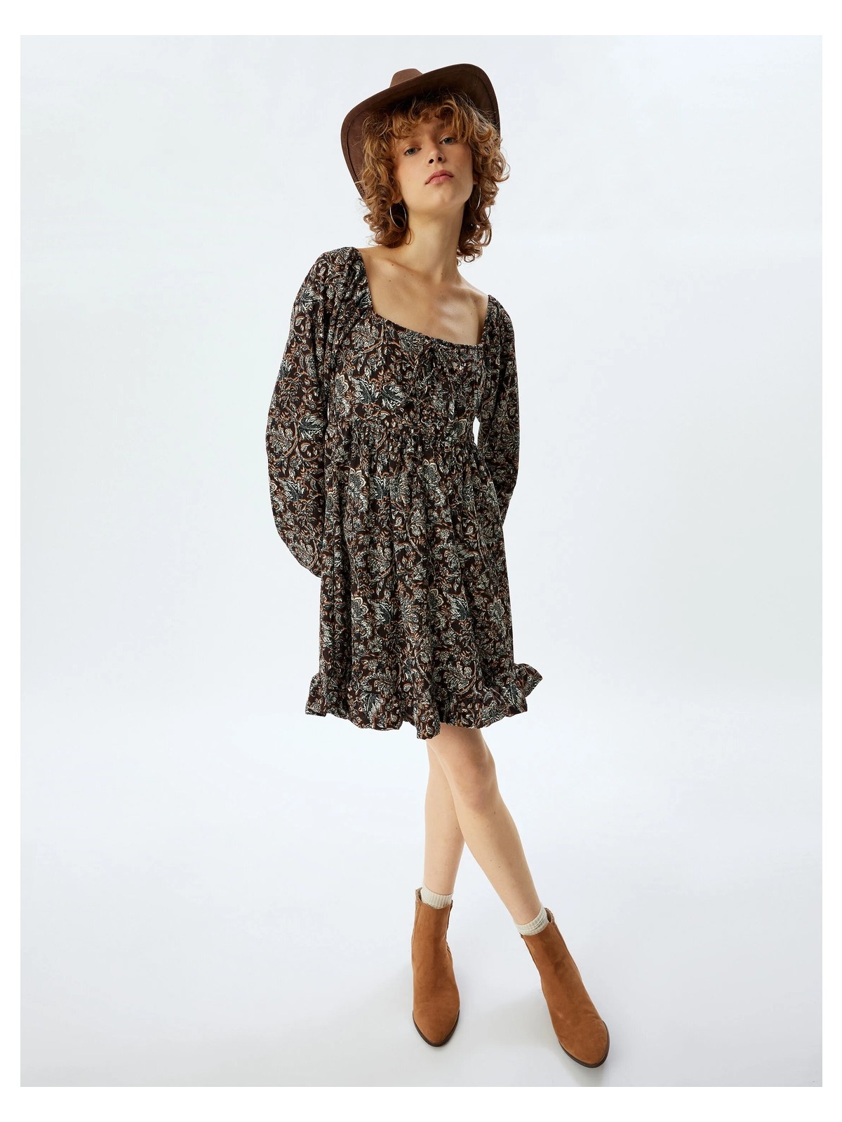 Koton Balon Kol Elbise Mini Etnik Desenli Volanlı Bağcıklı Kare Yaka