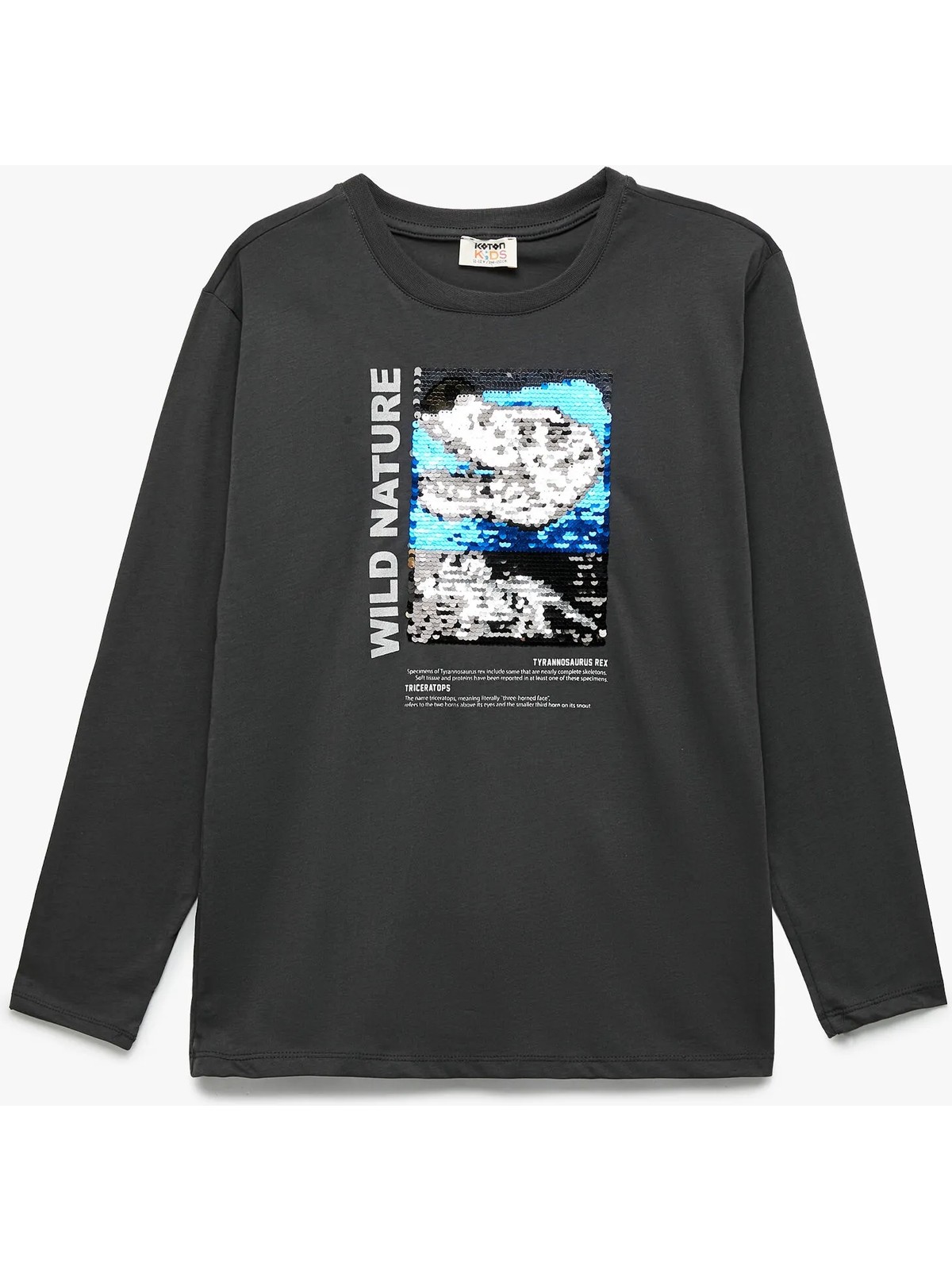 Koton Bisiklet Yaka Uzun Kollu Pullu Payetli Dinozor Baskılı Pamuklu Tişört