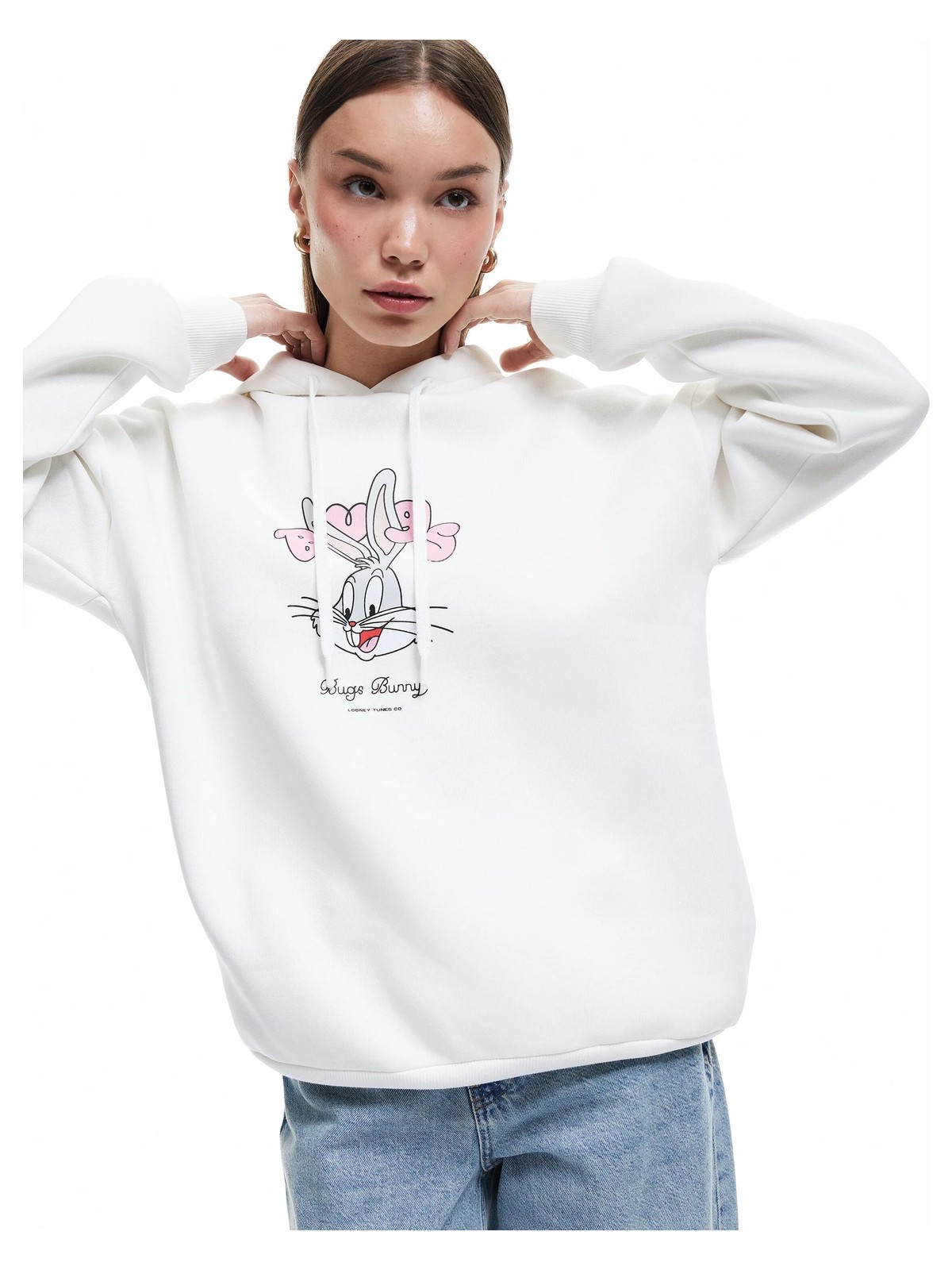Koton Bugs Bunny Lisanslı Arkası Baskılı Şardonlu Uzun Kollu Kapüşonlu Oversize Sweatshirt