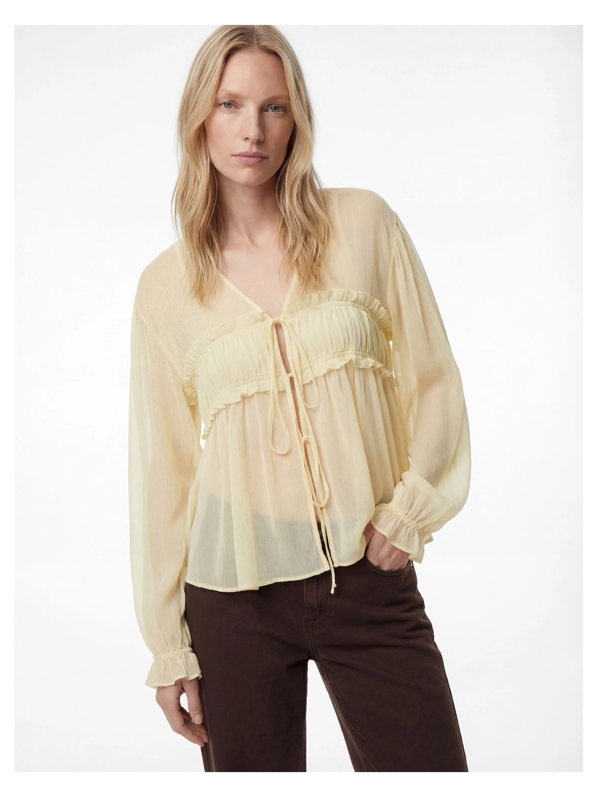 Koton Uzun Kollu Fırfırlı Önden Bağlama Detaylı Transparan Şifon Bluz