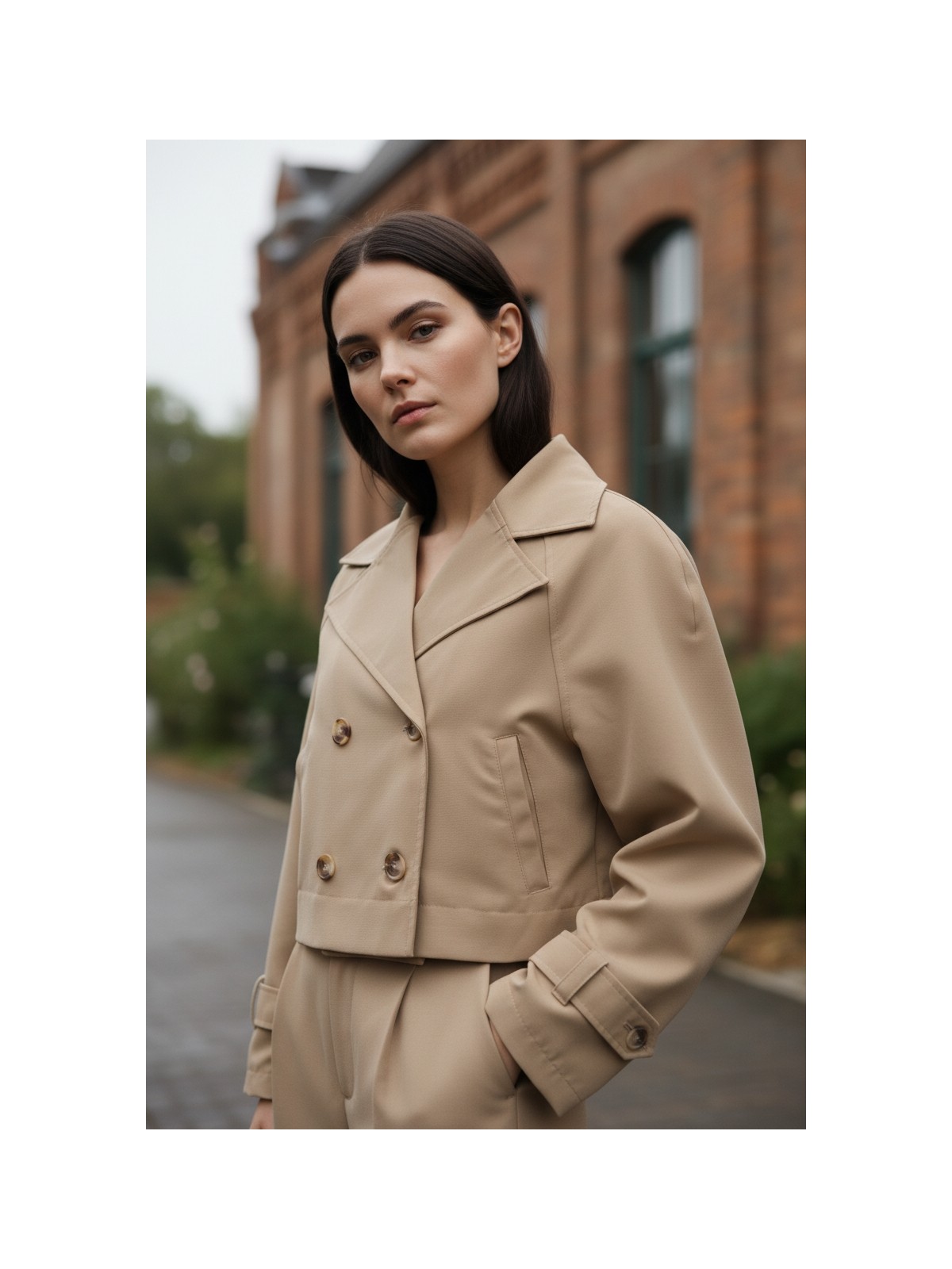 Mandala Tekstil Kadın Crop Kruvaze Düğmeli Cepli Cool Trençkot - Görsel 5