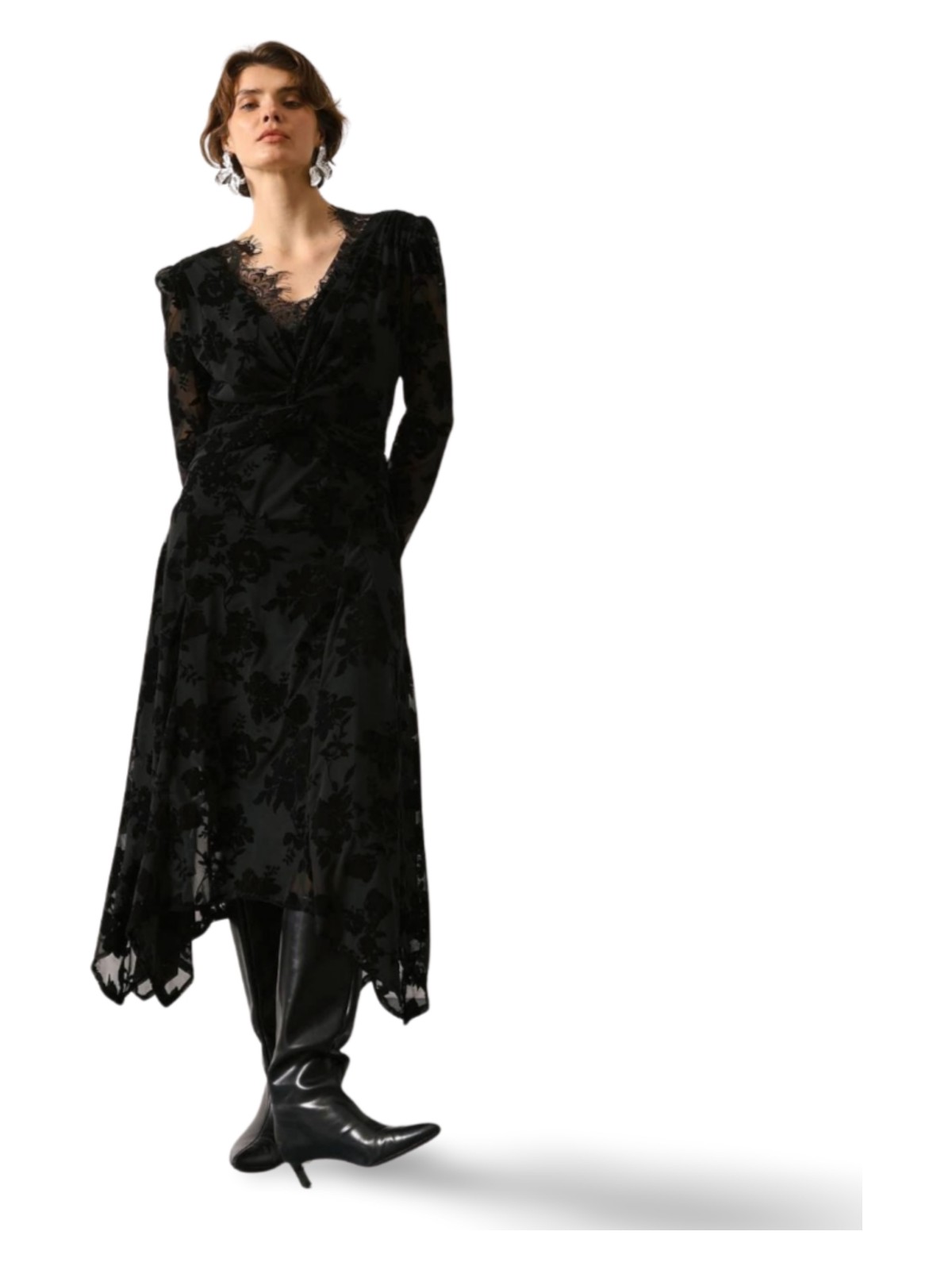 Mya Kadın Vatkalı Yakası Dantel Detaylı Elbise | Desenli Asimetrik Elbise | Floklu Astarlı Elbise - Görsel 4