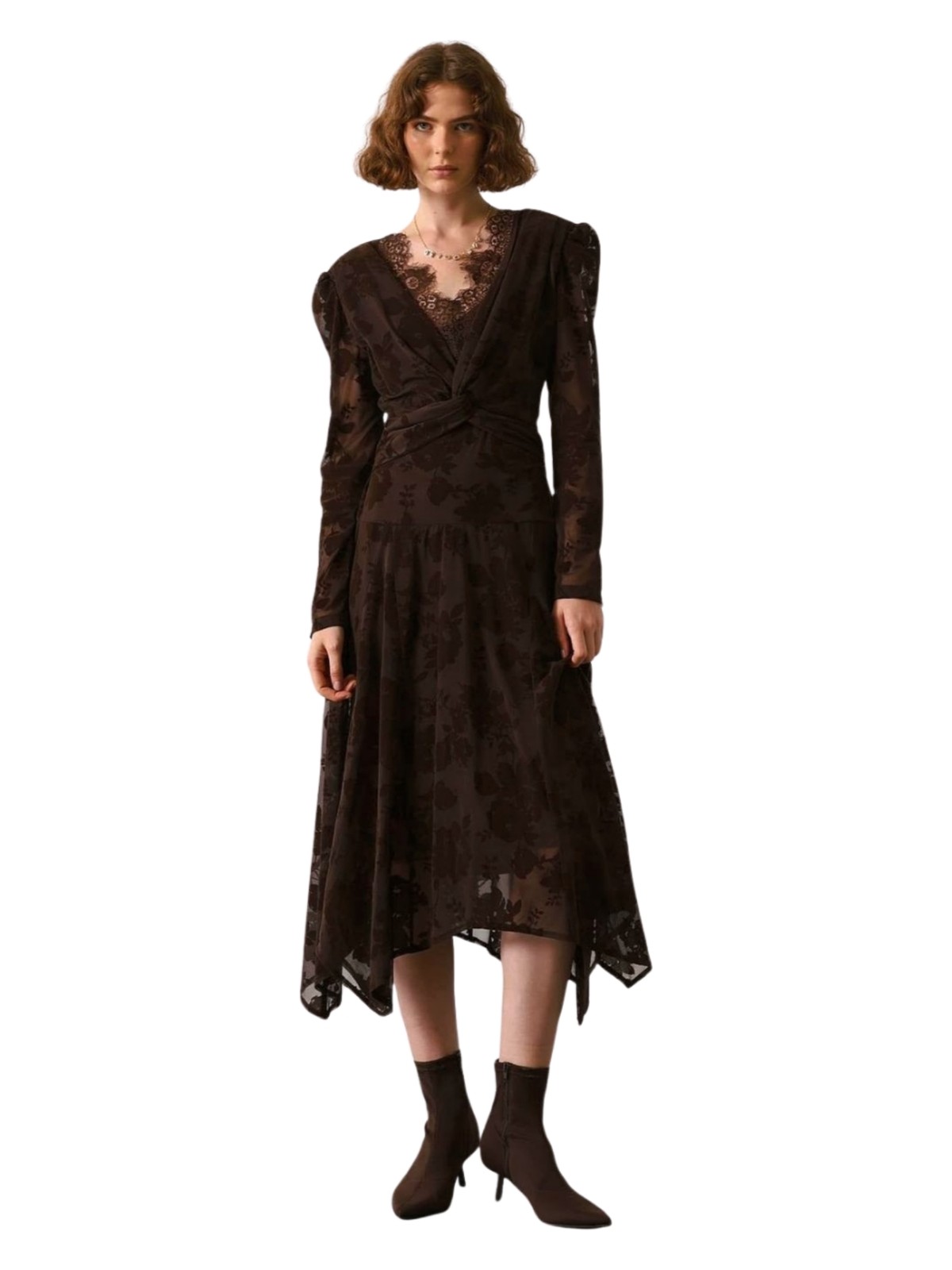 Mya Kadın Vatkalı Yakası Dantel Detaylı Elbise | Desenli Asimetrik Elbise | Floklu Astarlı Elbise