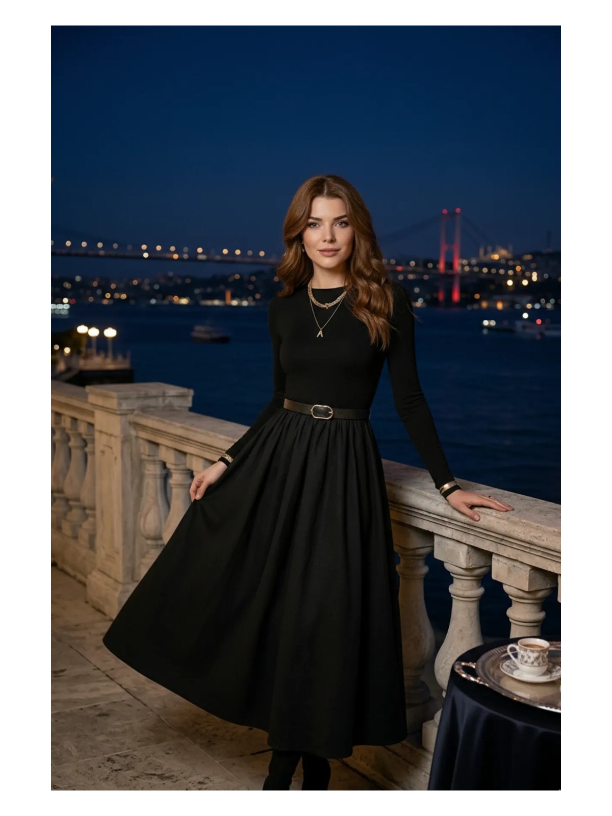 Pastelastore Kemerli Bisiklet Yaka Uzun Elbise