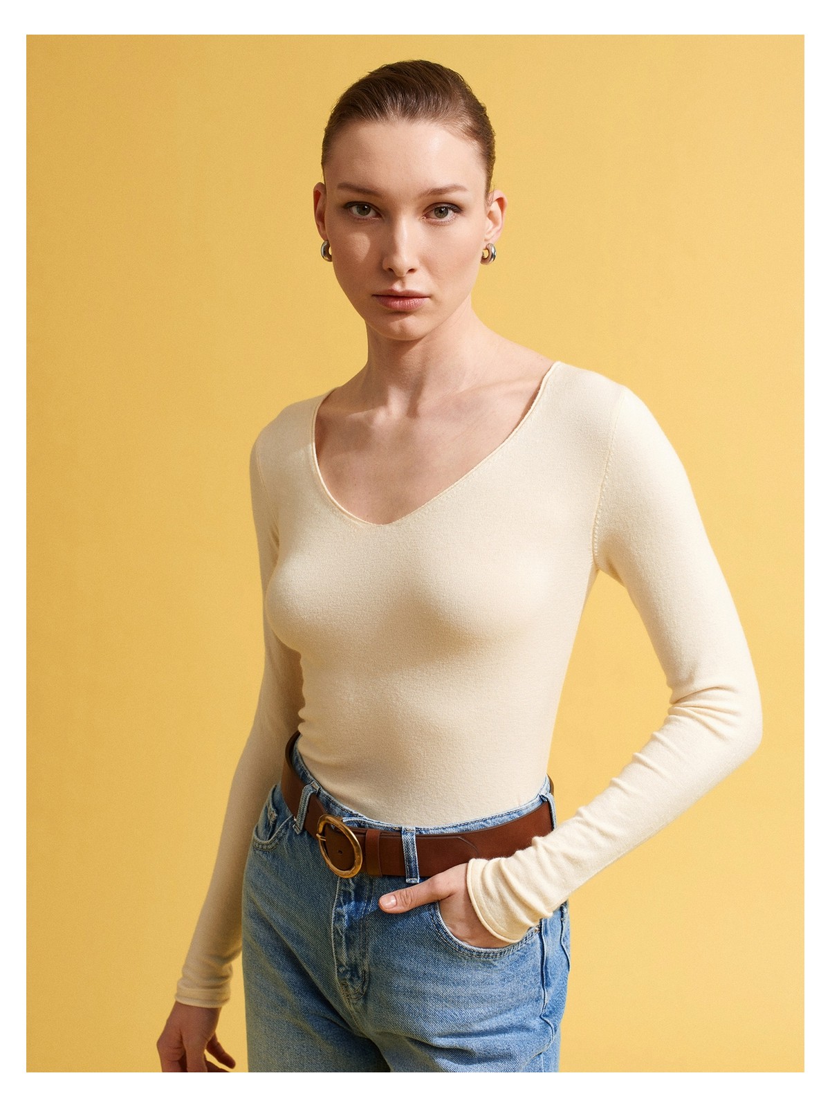 Dilvin 10842 V Yaka Kaşmirli Ultra Hafif Triko Kazak-Açık Sarı