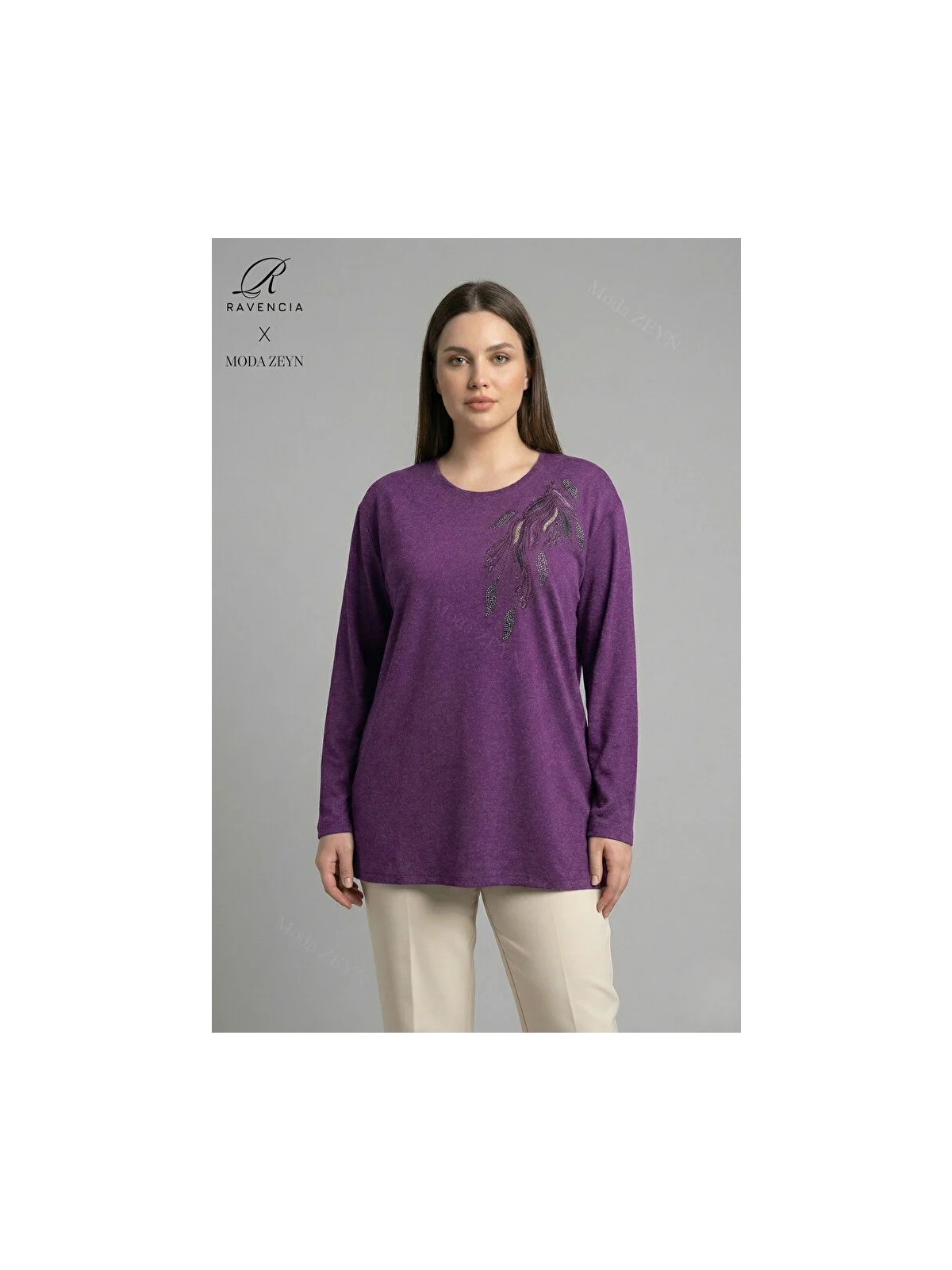 Ravencia Kadın Büyük Beden Renkli Yaprak Desenli Taşlı Likralı Yırtmaçlı Yün Viskon Anne Penye Bluz - Görsel 3