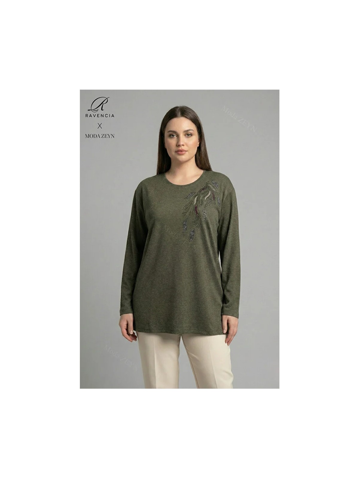 Ravencia Kadın Büyük Beden Renkli Yaprak Desenli Taşlı Likralı Yırtmaçlı Yün Viskon Anne Penye Bluz - Görsel 6