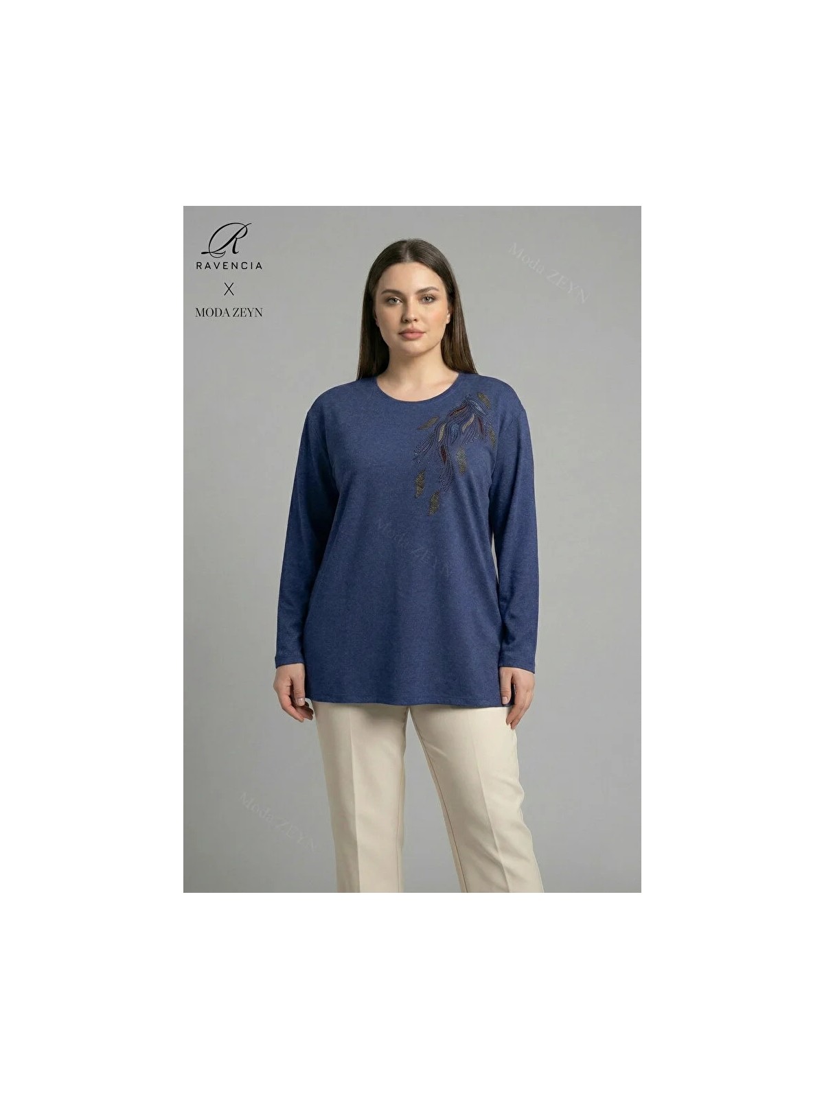 Ravencia Kadın Büyük Beden Renkli Yaprak Desenli Taşlı Likralı Yırtmaçlı Yün Viskon Anne Penye Bluz - Görsel 9