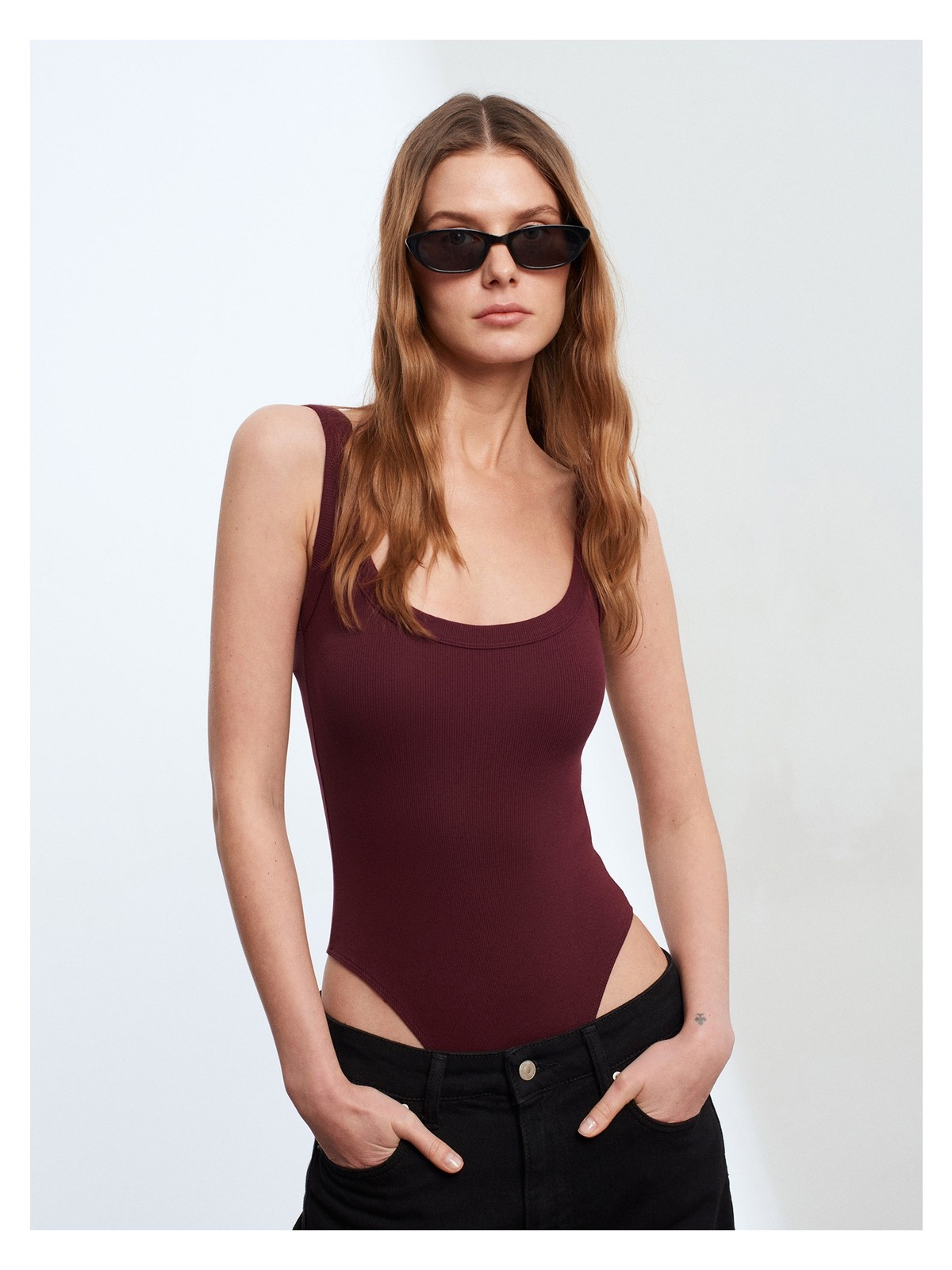 Dilvin 21053 Askılı Bodysuit-Bordo