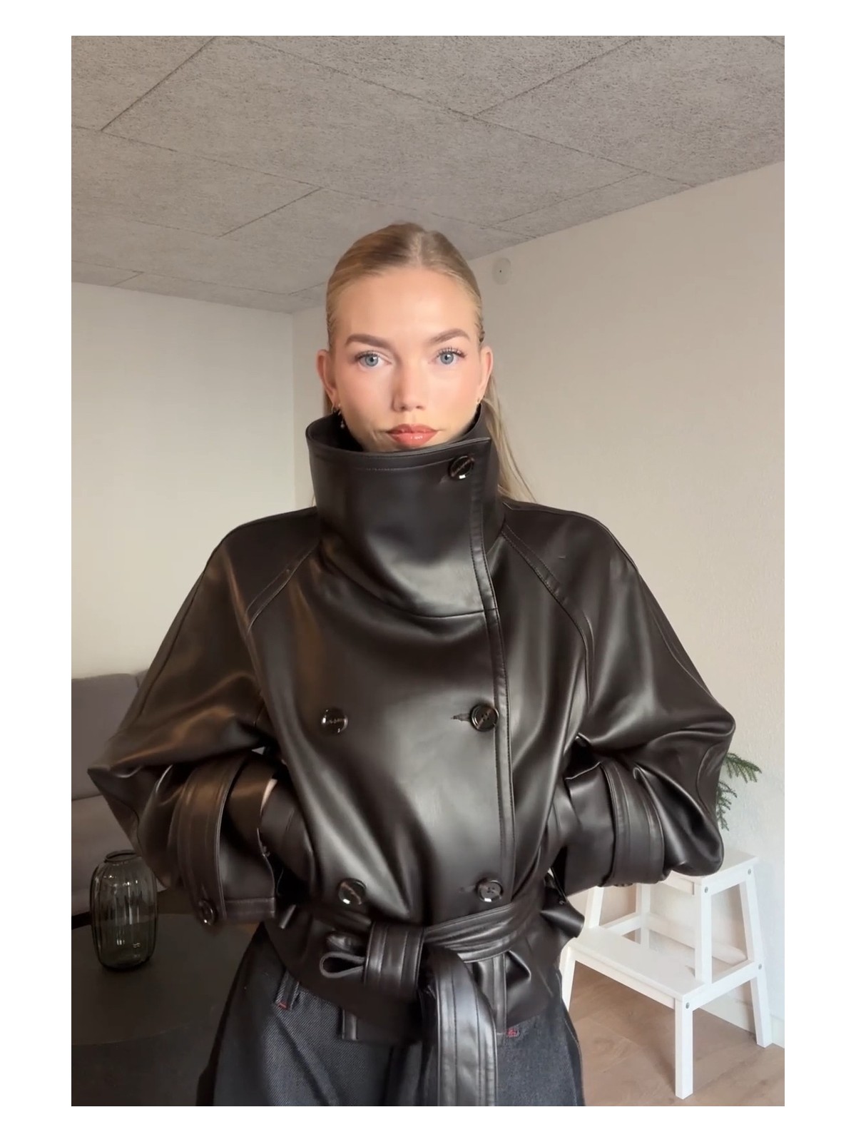 Prifaldi Pb Kruvaze Düğmeli Kahverengi Deri Ceket