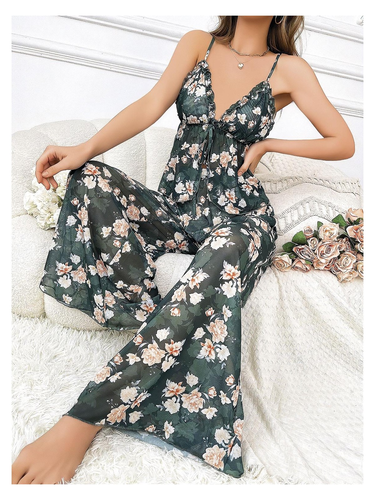 Esranın Dünyası Özel Tasarım Çiçek Desenli Salaş Kesim 2'li Takım