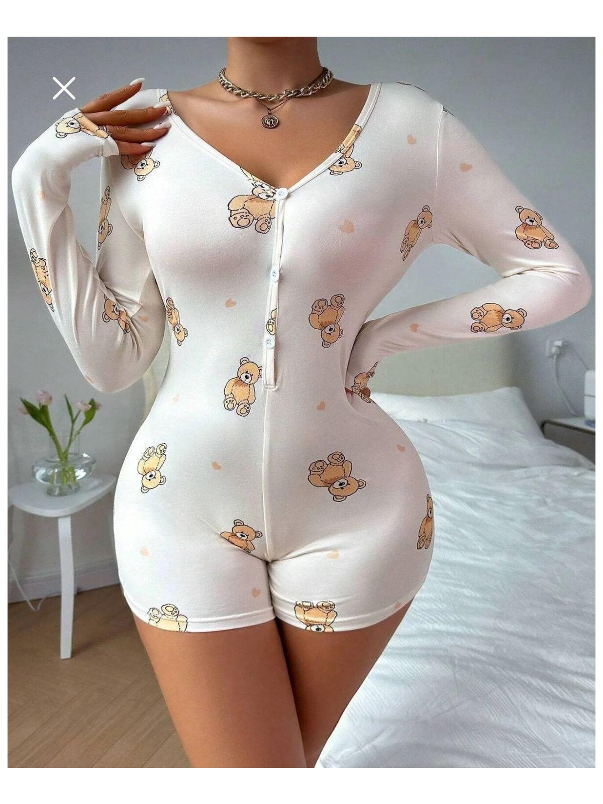 Esranın Dünyası Pamuklu Beyaz Ayıcık Desenli Düğmeli Uzun Kol Tulum Pijama