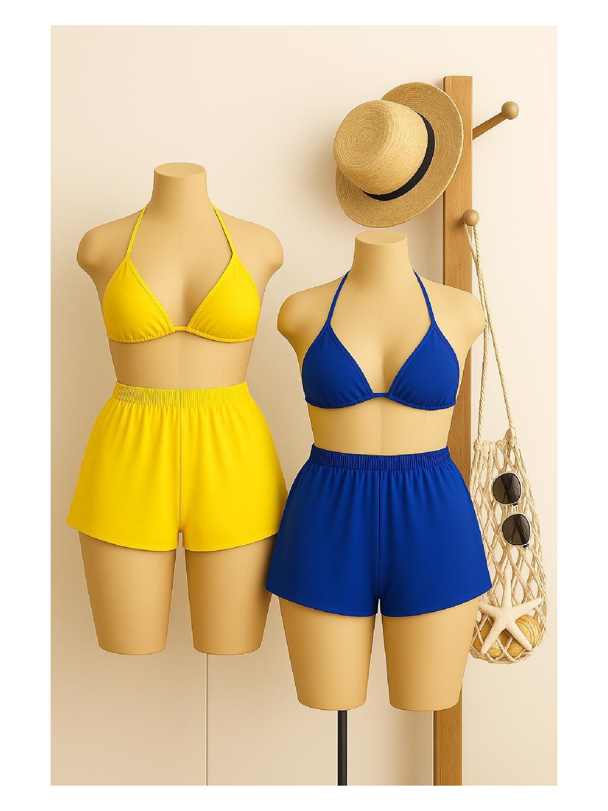 Esranın Dünyası Kadın Sarı ve Mavi Şortlu Belden ve Boyundan Bağlamalı Bikini Takımı