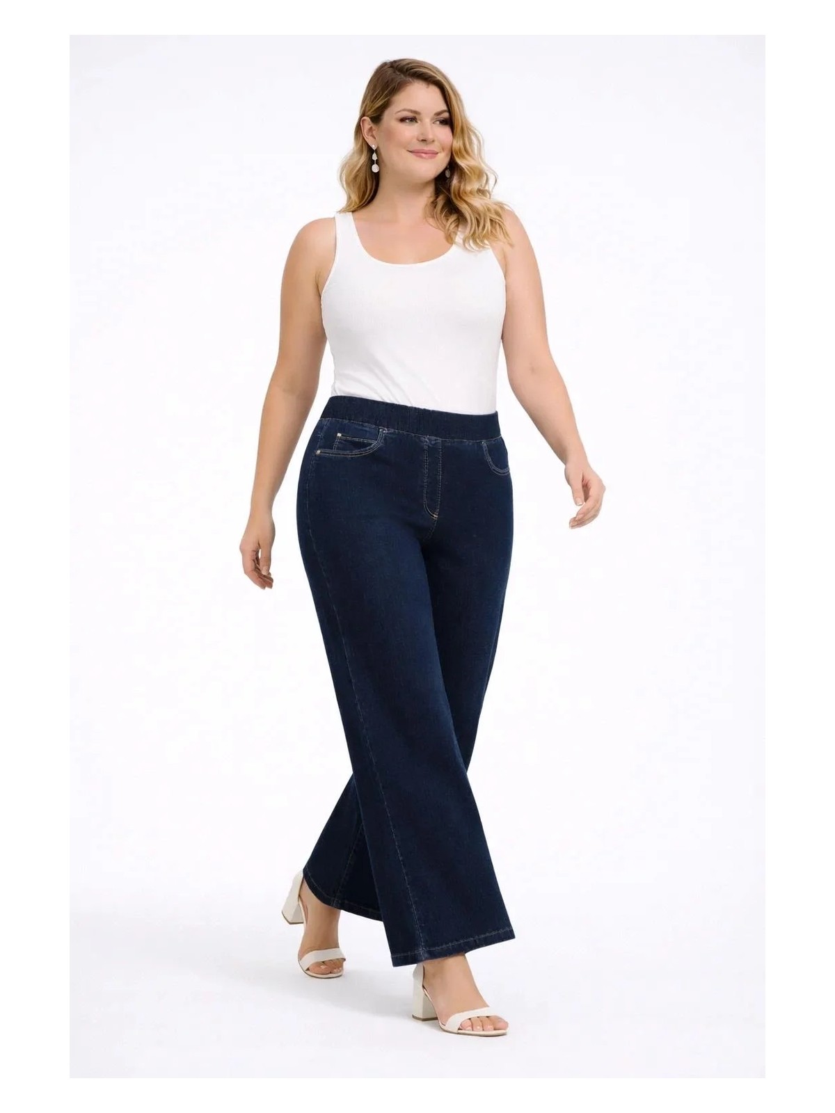 Şans Kadın Büyük Beden Lacivert, Yüksek Bel,bel Lastikli, Süs Cep Likralı Plazzo Kot Pantolon 65N39380