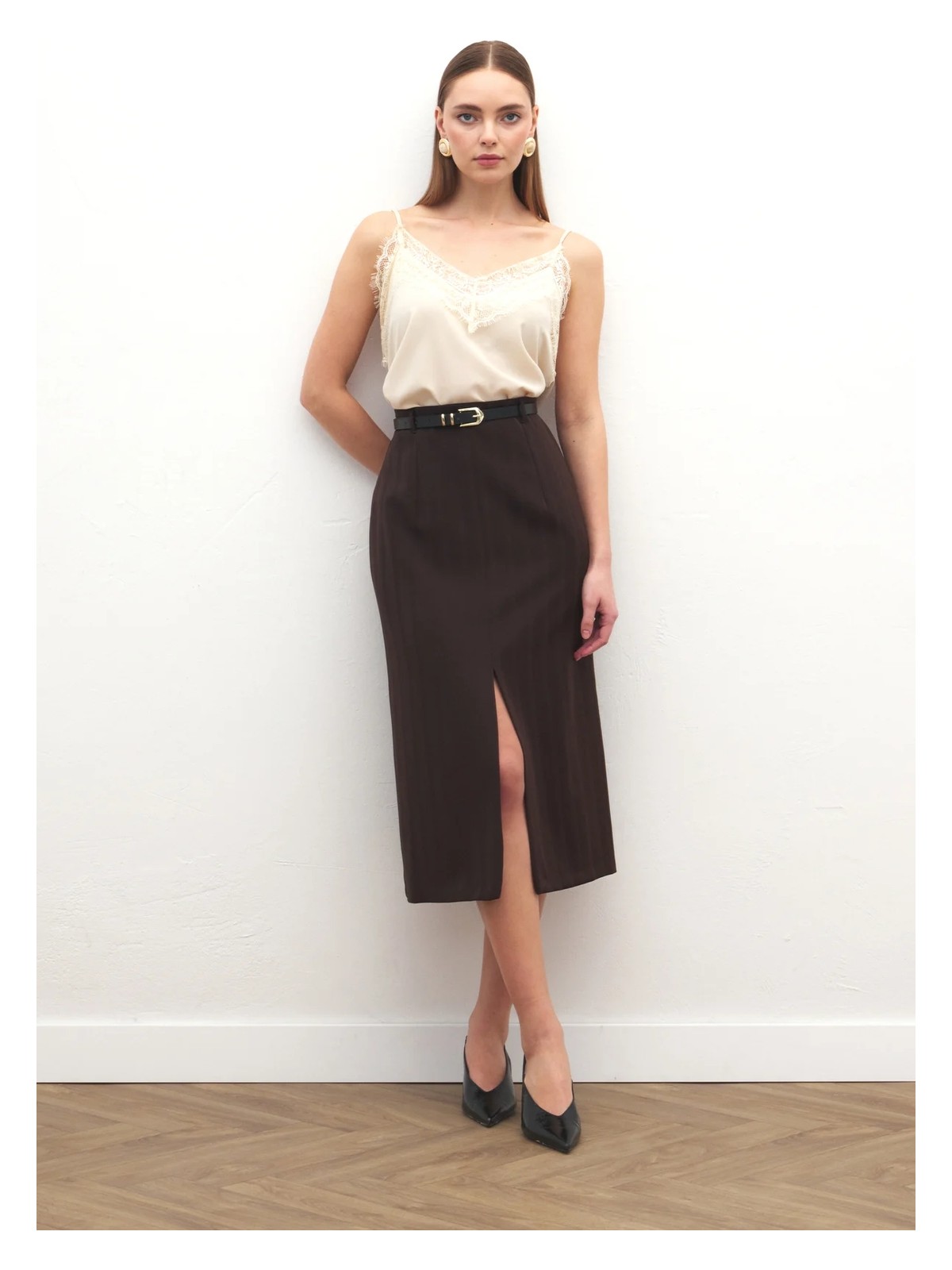 Sateen Anna Yırtmaçlı Etek - Kahve