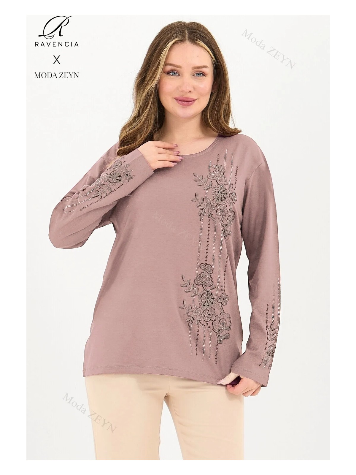 Ravencia Kadın Orta Yaş ve Üzeri Viskon Şerit Desen Taşlı Işlemeli Likralı Gri Anne Penye Bluz - Görsel 8