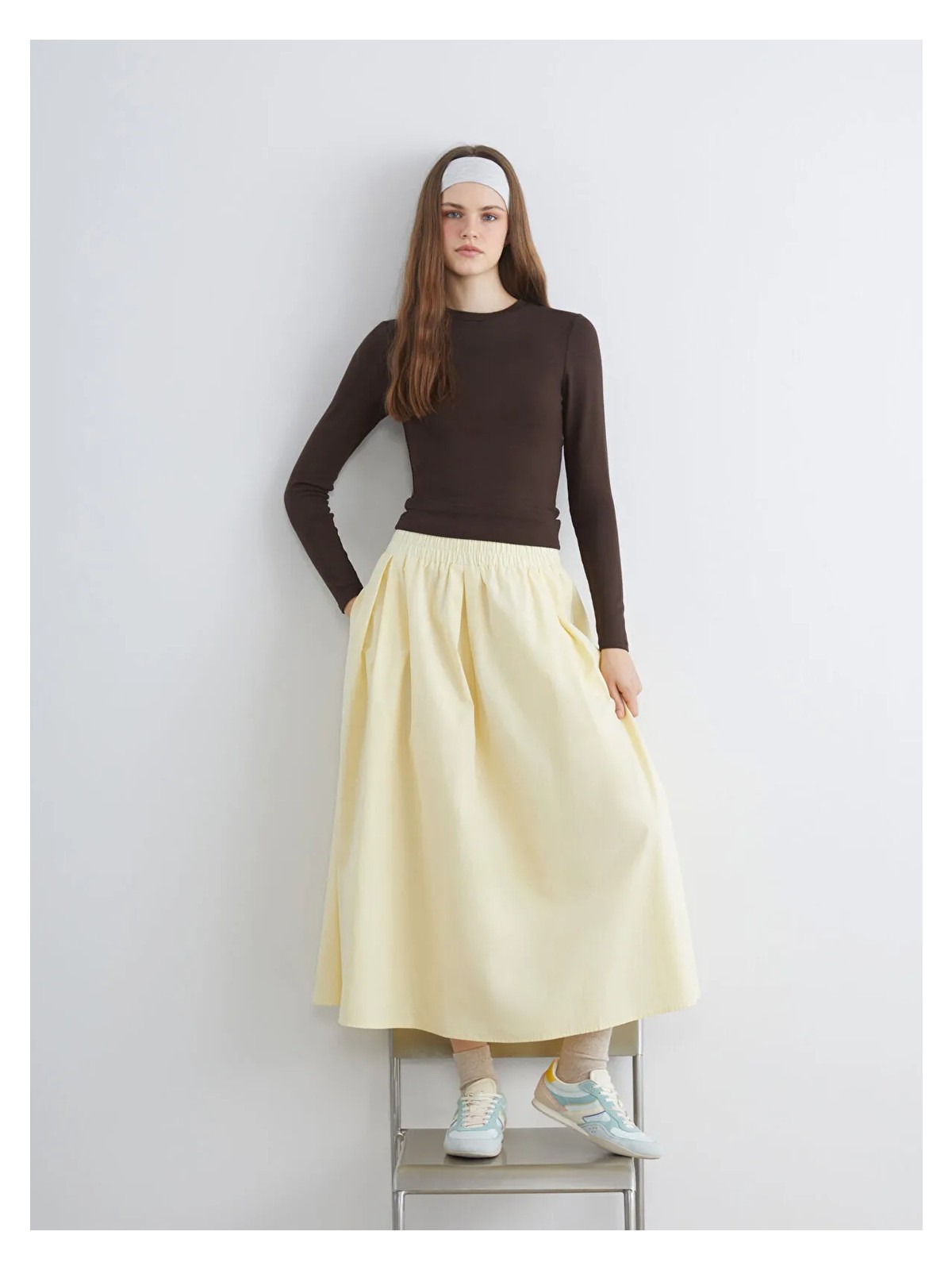 Minaaise Sarı Uzun Etek Kadın Beli Lastikli M Beden Pamuk Kumaş ile Yaz Mevsiminde Şıklık