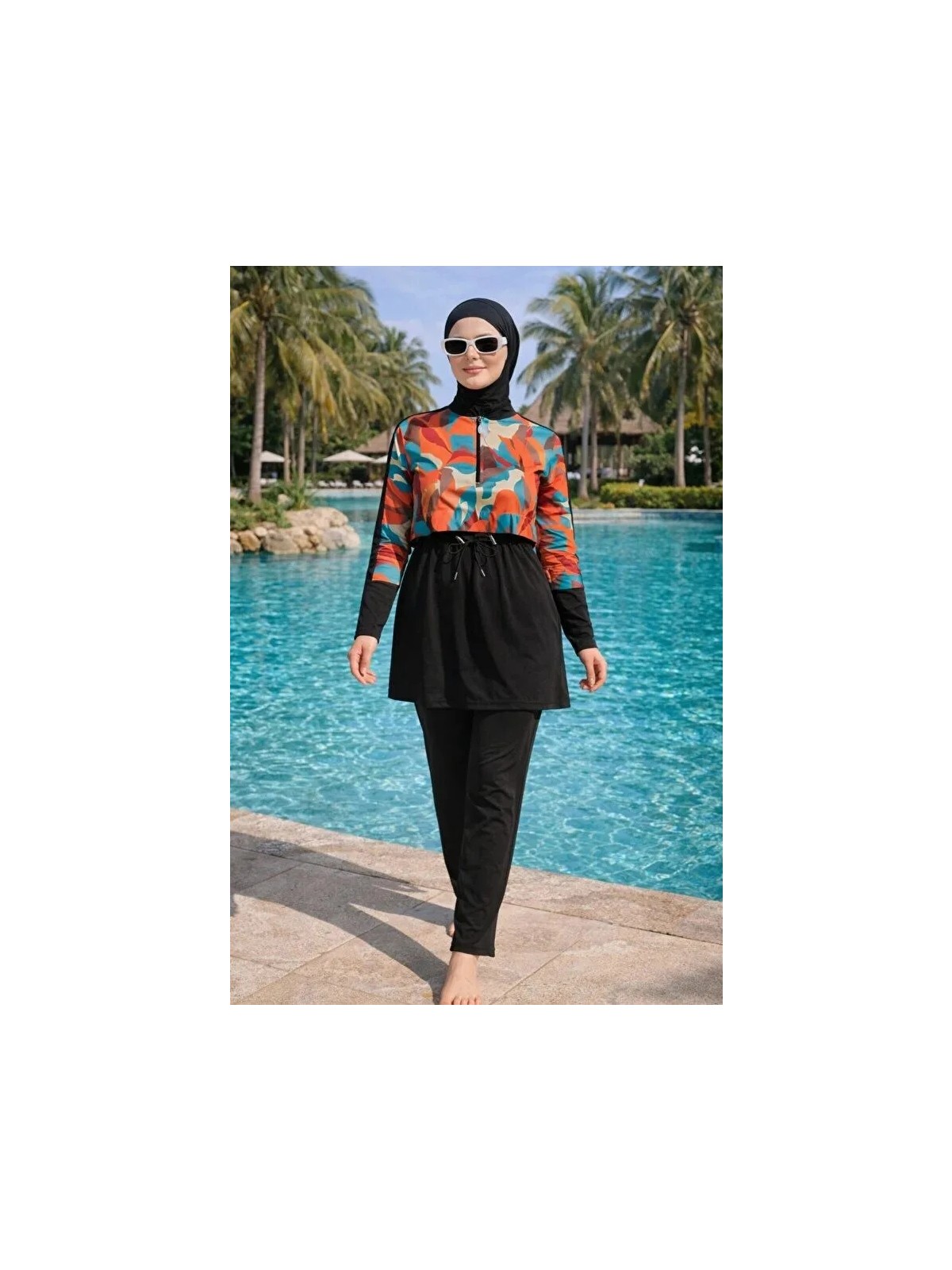 Tesmay Sporcu Likra Yarım Fermuarlı Hızlı Kuruyan Kumaş Kadın Tesettür Mayo(Bandana Dahil Değildir) 3024