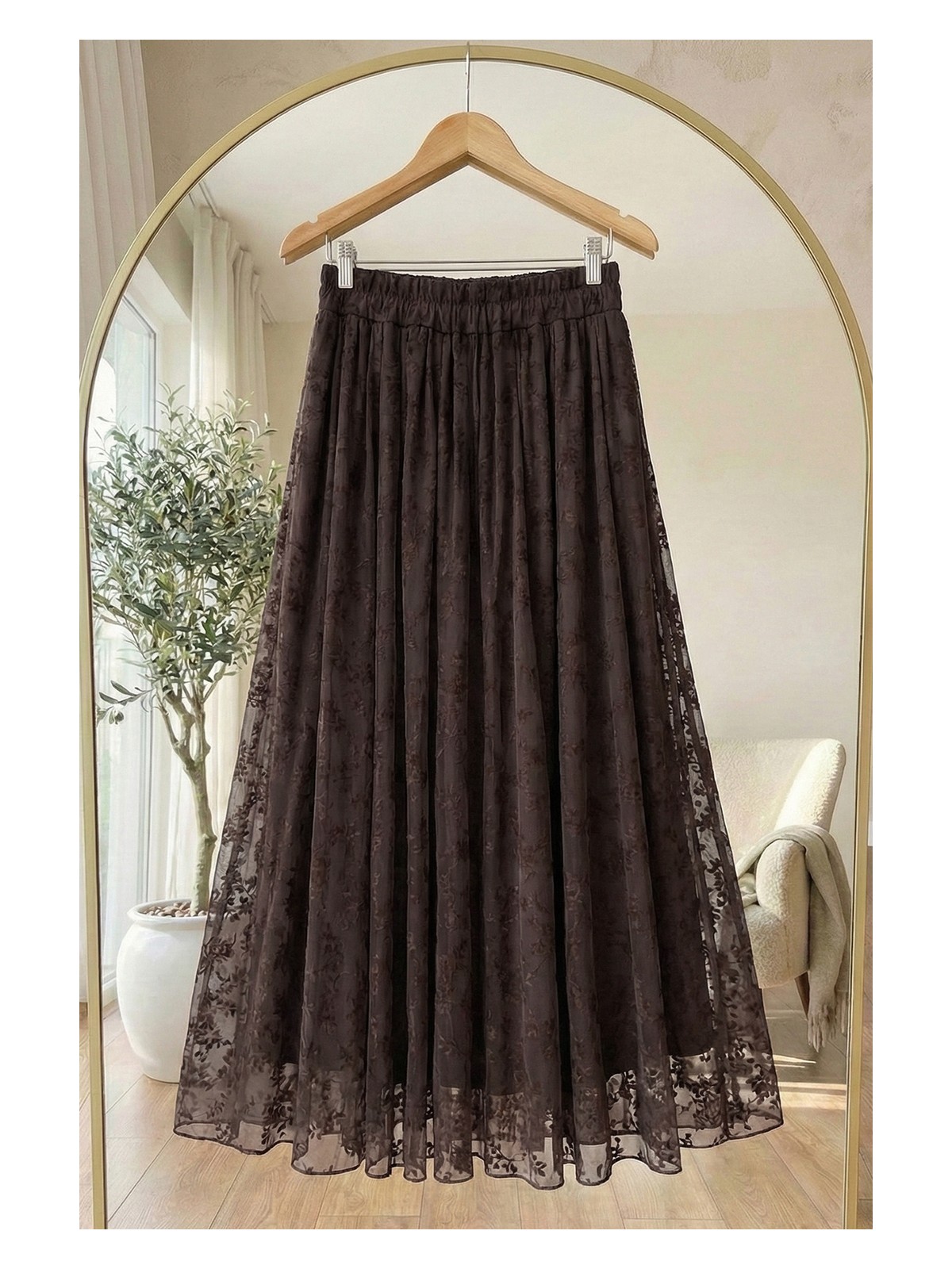 inStyle Çiçekli Flok Tül Astarlı Bordo Etek - Görsel 4