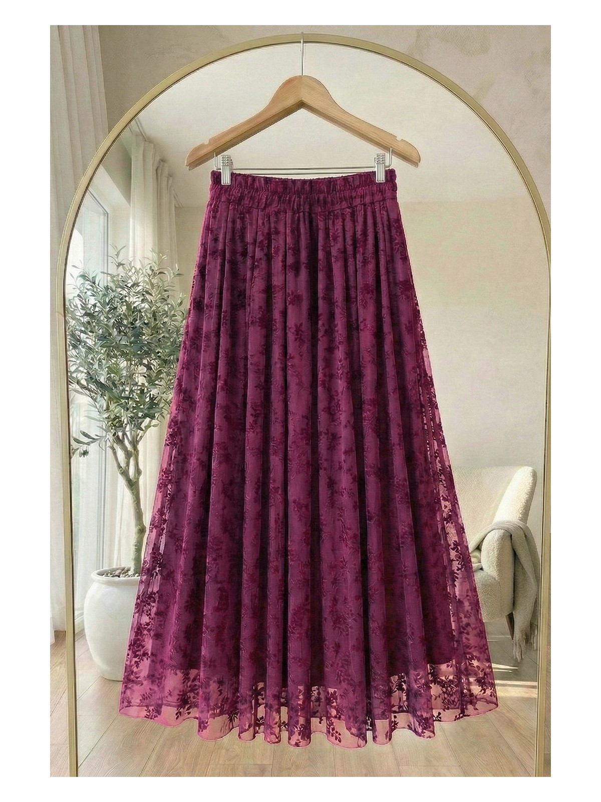 inStyle Çiçekli Flok Tül Astarlı Bordo Etek - Görsel 5