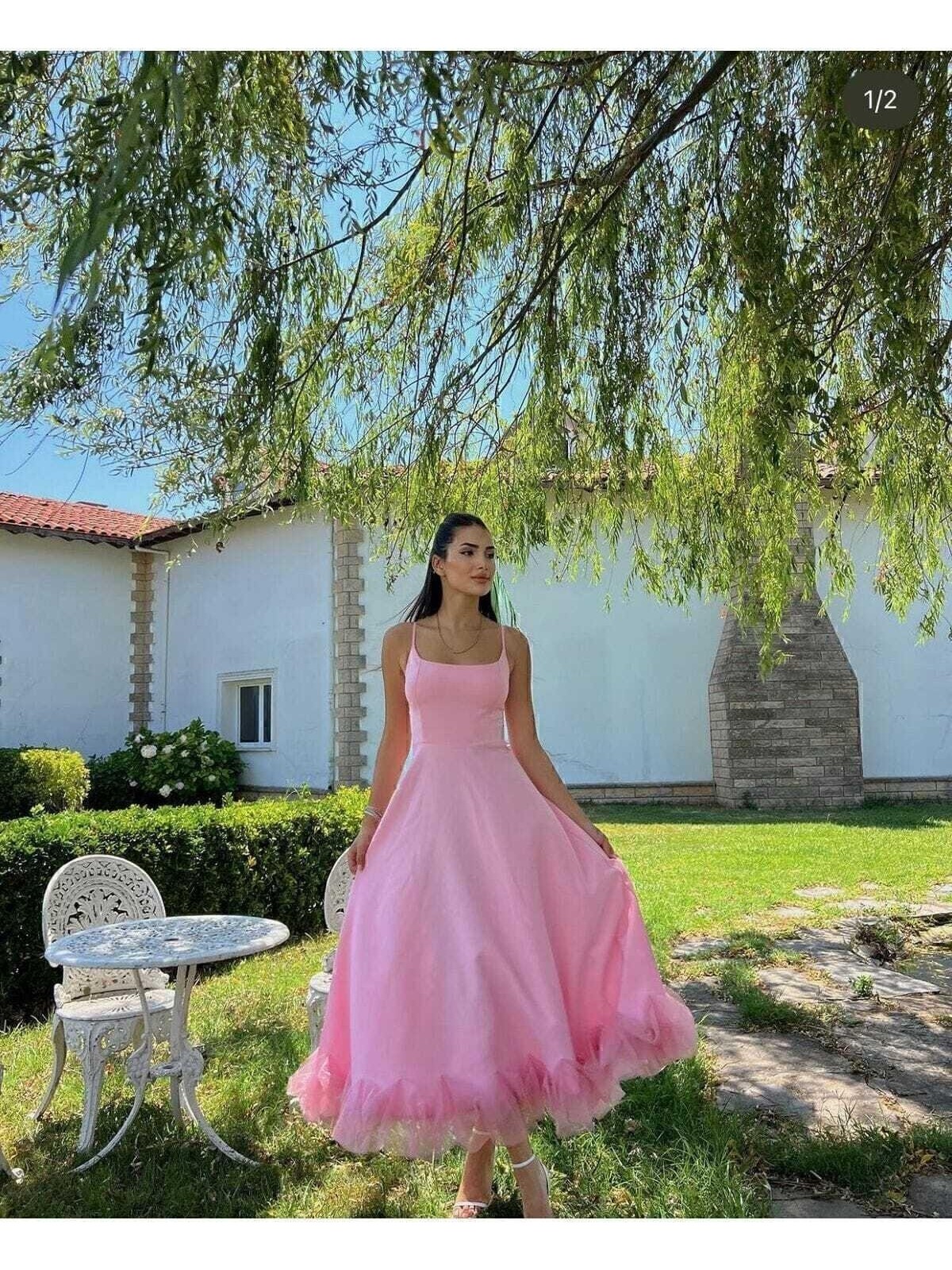 Moda Durağı Kaliteli Premium Kadın Eteği Tül Detaylı Askılı Midi Boy Abiye Premium Elbise Pembe