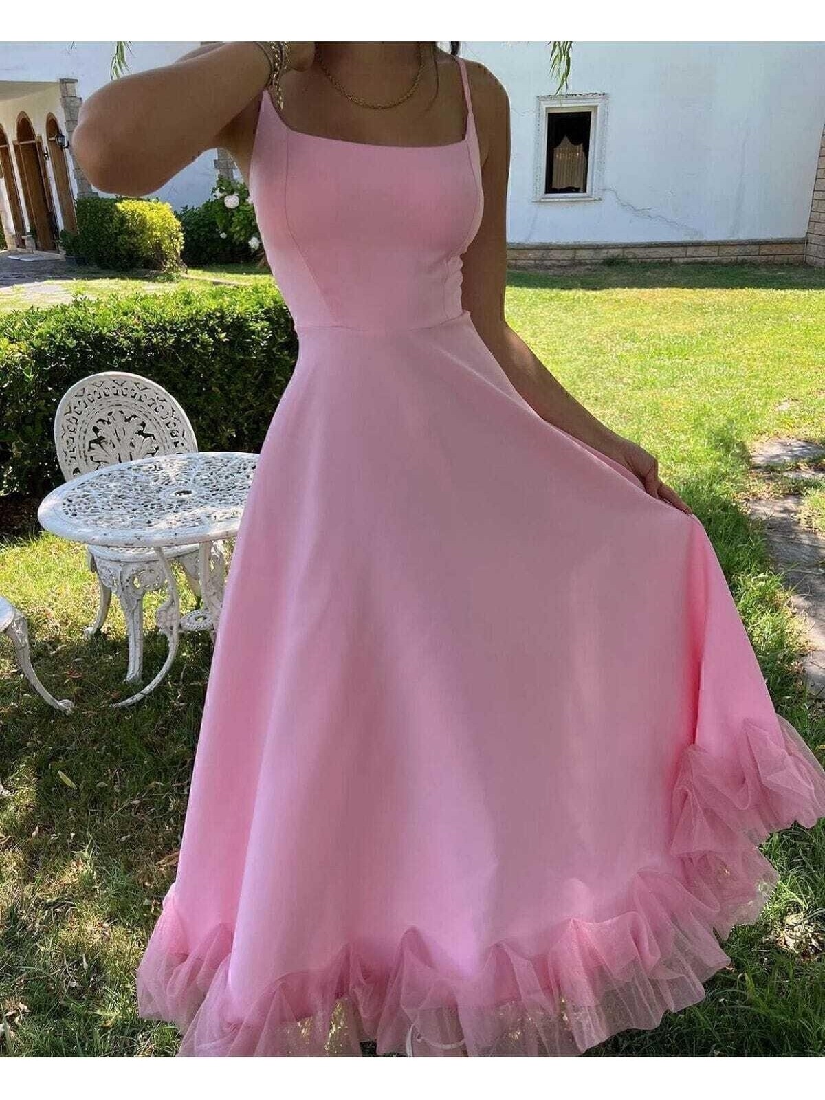 Moda Durağı Kaliteli Premium Kadın Eteği Tül Detaylı Askılı Midi Boy Abiye Premium Elbise Pembe - Görsel 3