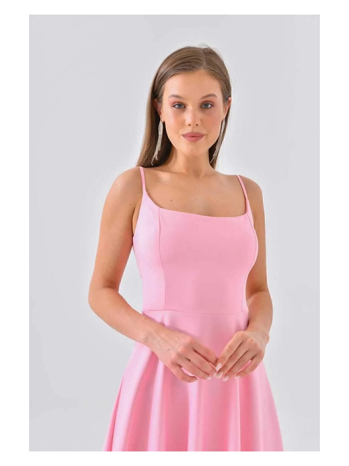 Moda Durağı Kaliteli Premium Kadın Eteği Tül Detaylı Askılı Midi Boy Abiye Premium Elbise Pembe - Görsel 4