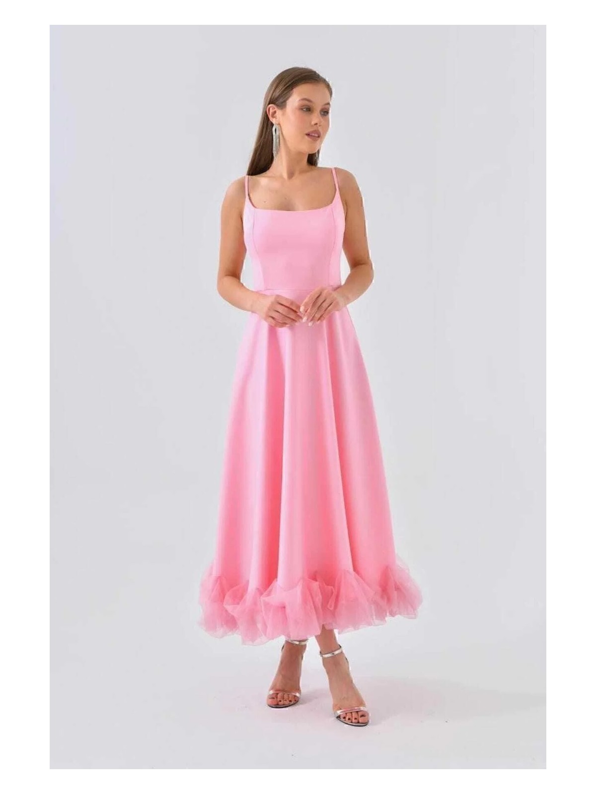 Moda Durağı Kaliteli Premium Kadın Eteği Tül Detaylı Askılı Midi Boy Abiye Premium Elbise Pembe - Görsel 5