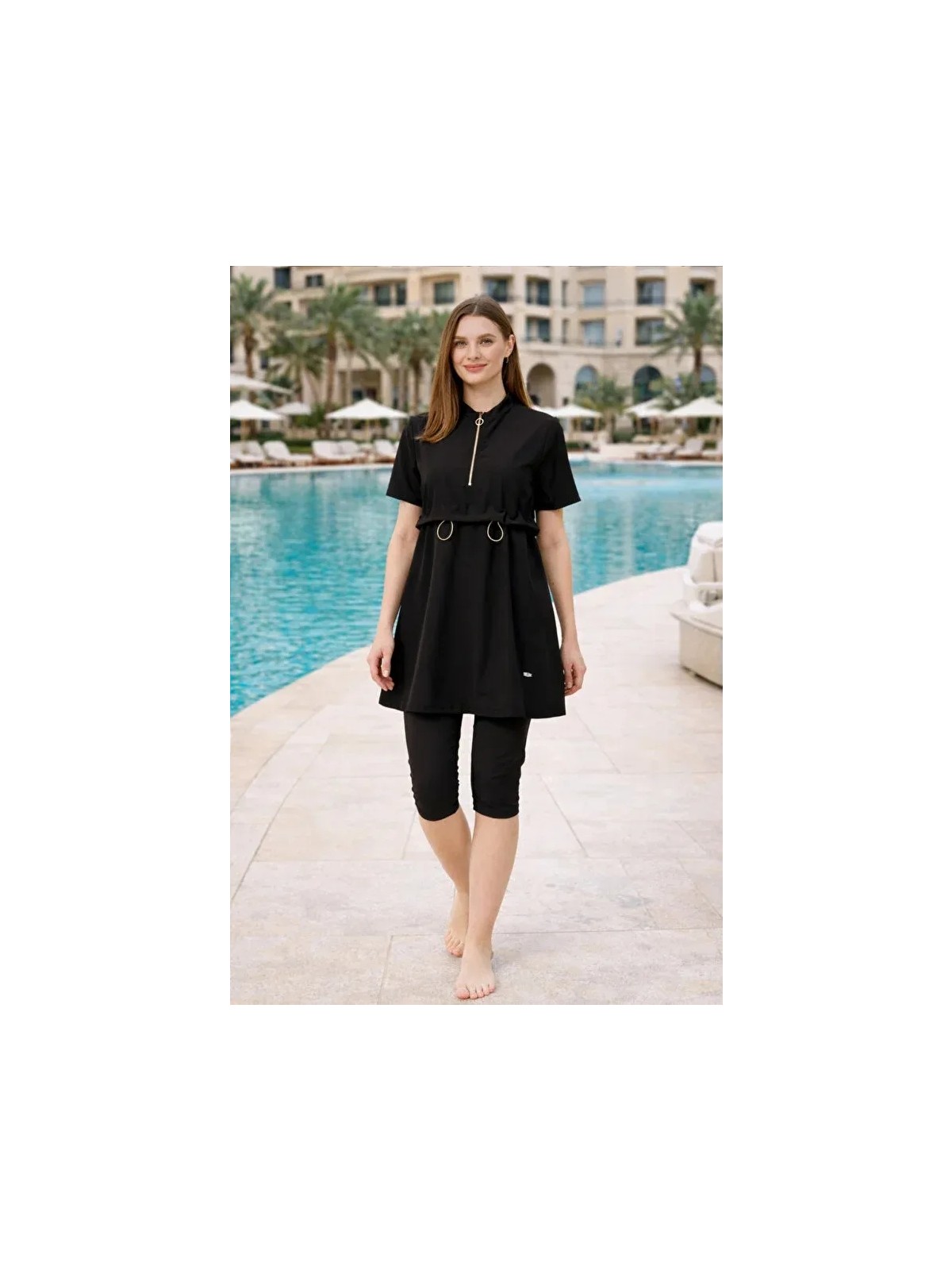 Tesmay Yarım Fermuarlı Üstü Sporcu Likra Paraşüt Kumaş Hızlı Kuruyan Yarı Kapalı Taytlı Kadın Mayo 3410