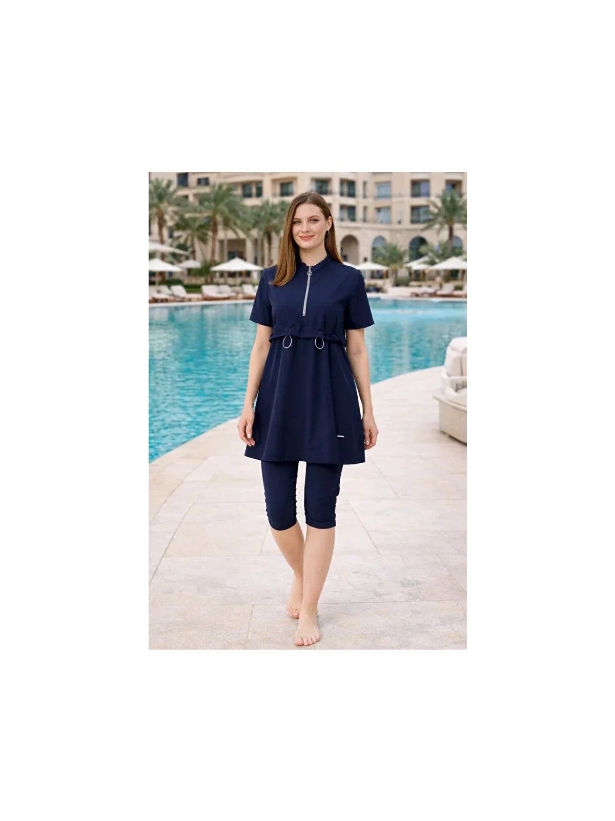 Tesmay Yarım Fermuarlı Üstü Sporcu Likra Paraşüt Kumaş Hızlı Kuruyan Yarı Kapalı Taytlı Kadın Mayo 3410