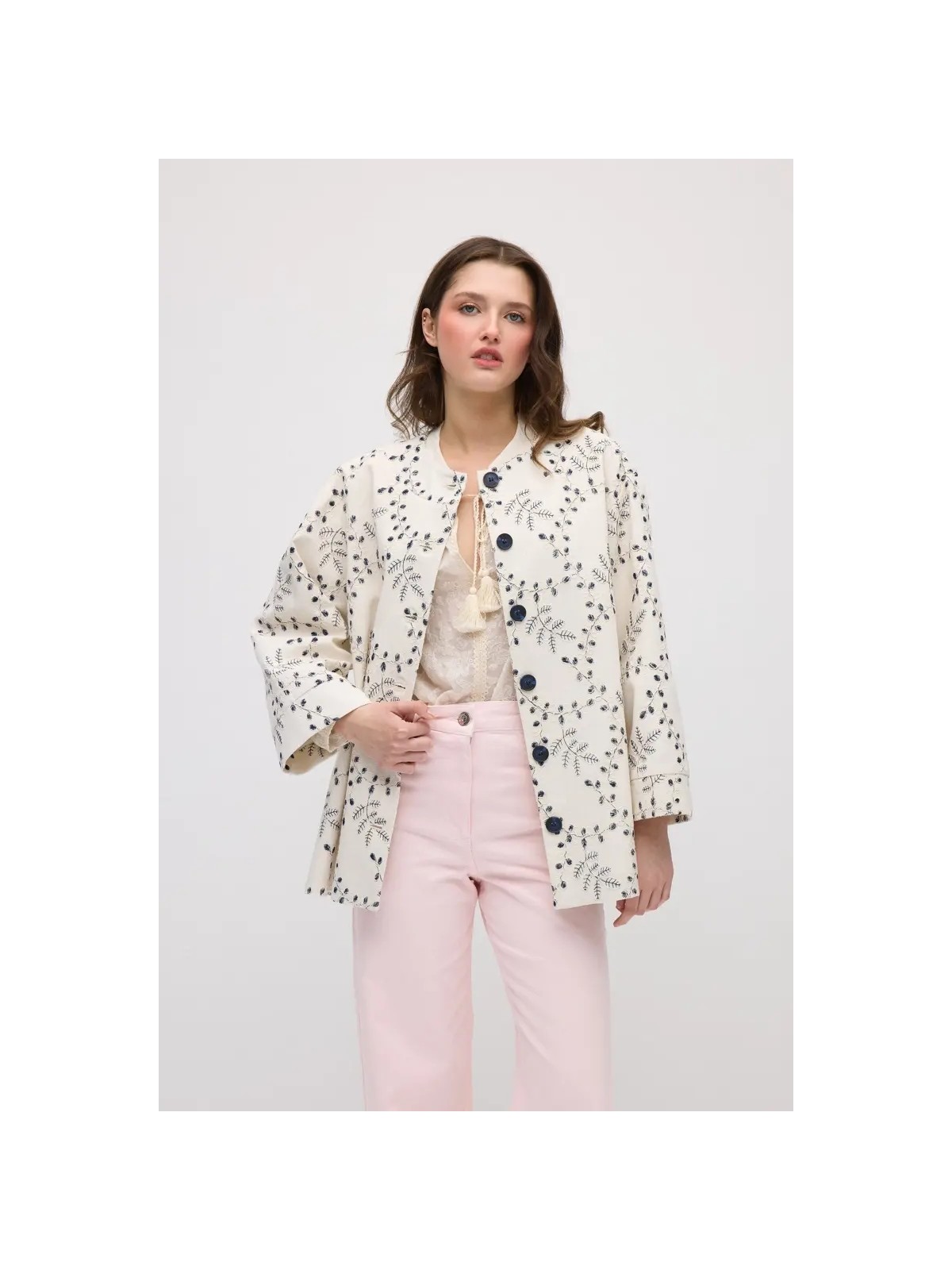 Gusto Nakışlı Koton Kaftan - Ekru